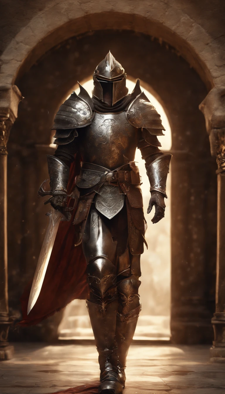 (Best quality,4K,8K,A high resolution,Masterpiece:1.2),Ultra-detailed,(Realistic,Photorealistic,photo-realistic:1.37),A sword-wielding demon armor warrior stood in the hall, Full body portrait of the mysterious knight, Wearing heavy armor,A sacred warrior wielding a legendary sword, Mythical warriors in full-body armor, A golden knight with divine armor, The helmet is decorated with the devil's horns, The eyes glow blood-red, Concept art for glorious figures, Crimson Armor Knight, Epic Paladin armor, Holy medieval knight, Kneel on one knee, Blades embedded in the earth, submission, Full body shot.