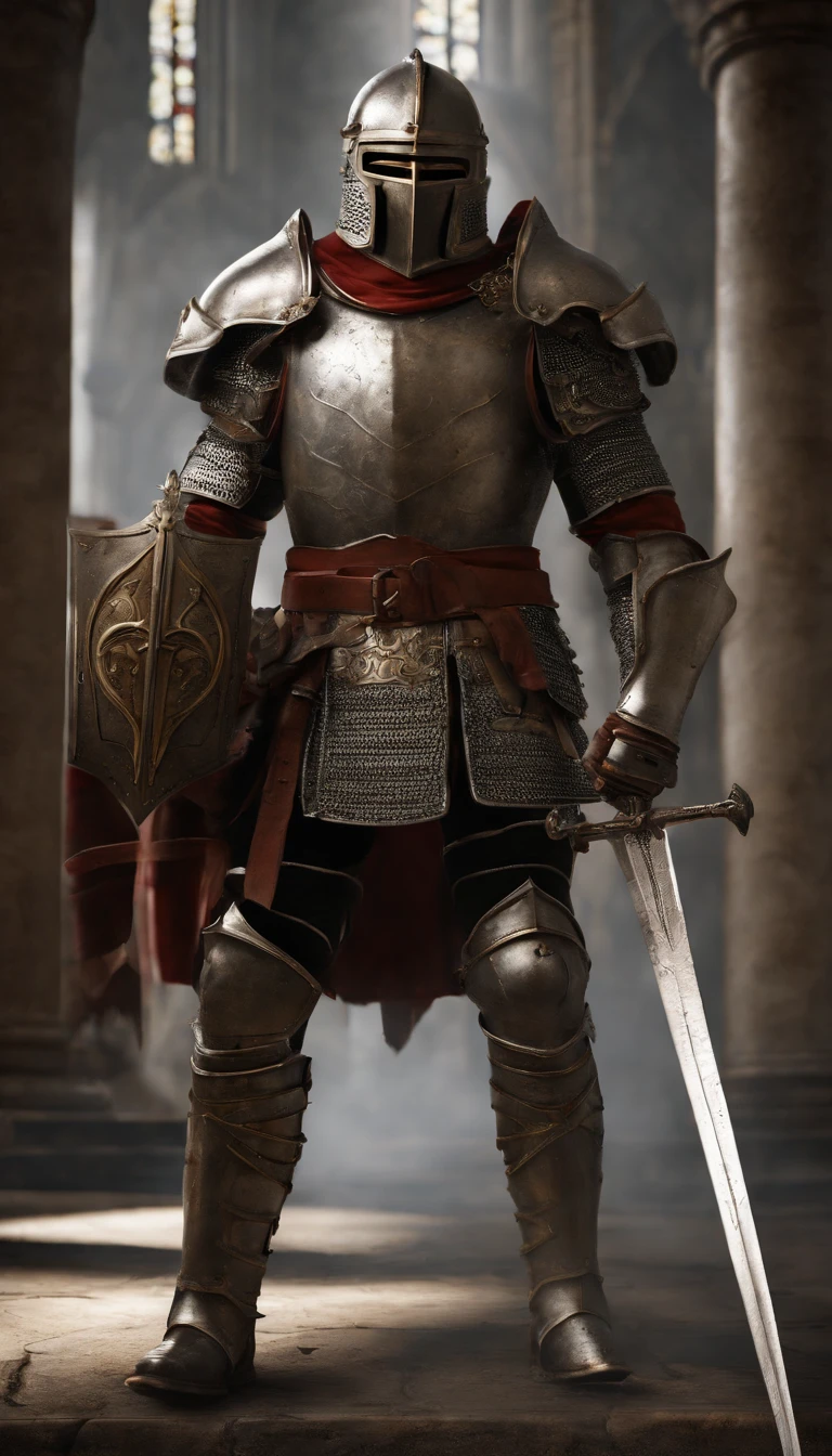 (Best quality,4K,8K,A high resolution,Masterpiece:1.2),Ultra-detailed,(Realistic,Photorealistic,photo-realistic:1.37),A sword-wielding demon armor warrior stood in the hall, Full body portrait of the mysterious knight, Wearing heavy armor，A sacred warrior wielding a legendary sword, Mythical warriors in full-body armor, A golden knight with divine armor, The helmet is decorated with the devil's horns, The eyes glow blood-red, Concept art for glorious figures, Crimson Armor Knight, Epic Paladin armor, Holy medieval knight, Kneel on one knee, Blades embedded in the earth, submission, Full body shot.