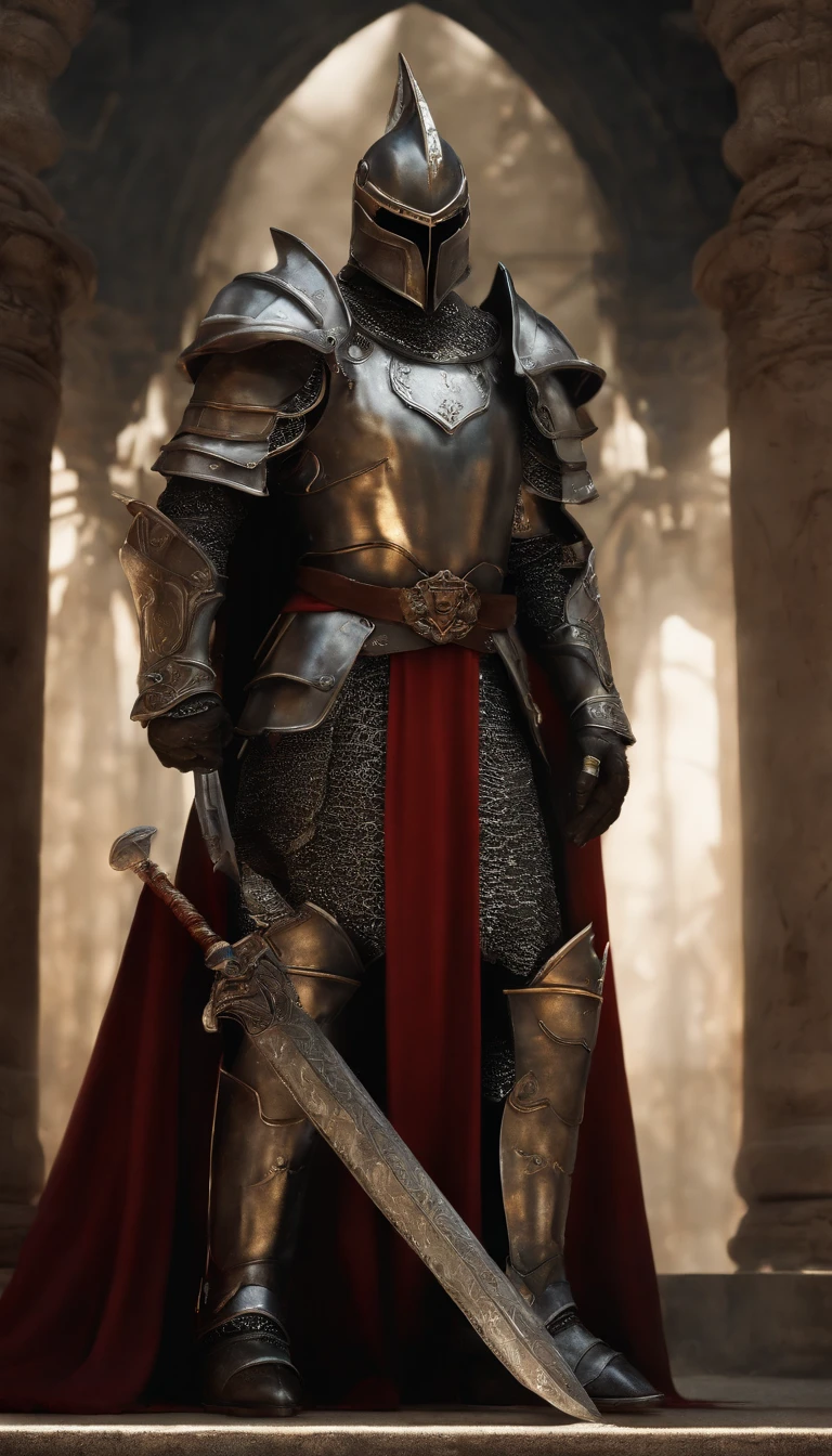 (Best quality,4K,8K,A high resolution,Masterpiece:1.2),Ultra-detailed,(Realistic,Photorealistic,photo-realistic:1.37),A sword-wielding demon armor warrior stood in the hall, Full body portrait of the mysterious knight, Wearing heavy armor,A sacred warrior wielding a legendary sword, Mythical warriors in full-body armor, A golden knight with divine armor, The helmet is decorated with the devil's horns, The eyes glow blood-red, Concept art for glorious figures, Crimson Armor Knight, Epic Paladin armor, Holy medieval knight, Kneel on one knee, Blades embedded in the earth, submission, Full body shot.