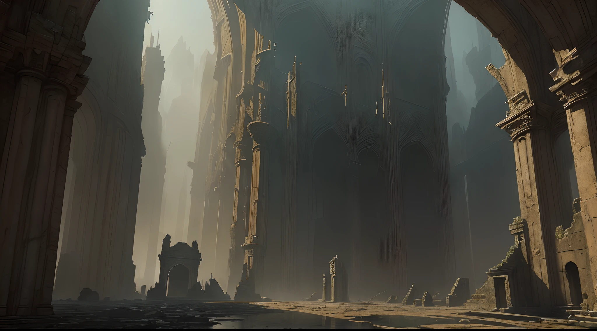 (masterpiece), vast ancient dungeon, (decrepit scenery), megastructure, (art by [Bastien Lecouffe-Deharme|Caspar David Friedrich ]:1.2), (unreal engine render, photorealistic painting, photorealism:1.2), (mysterious)