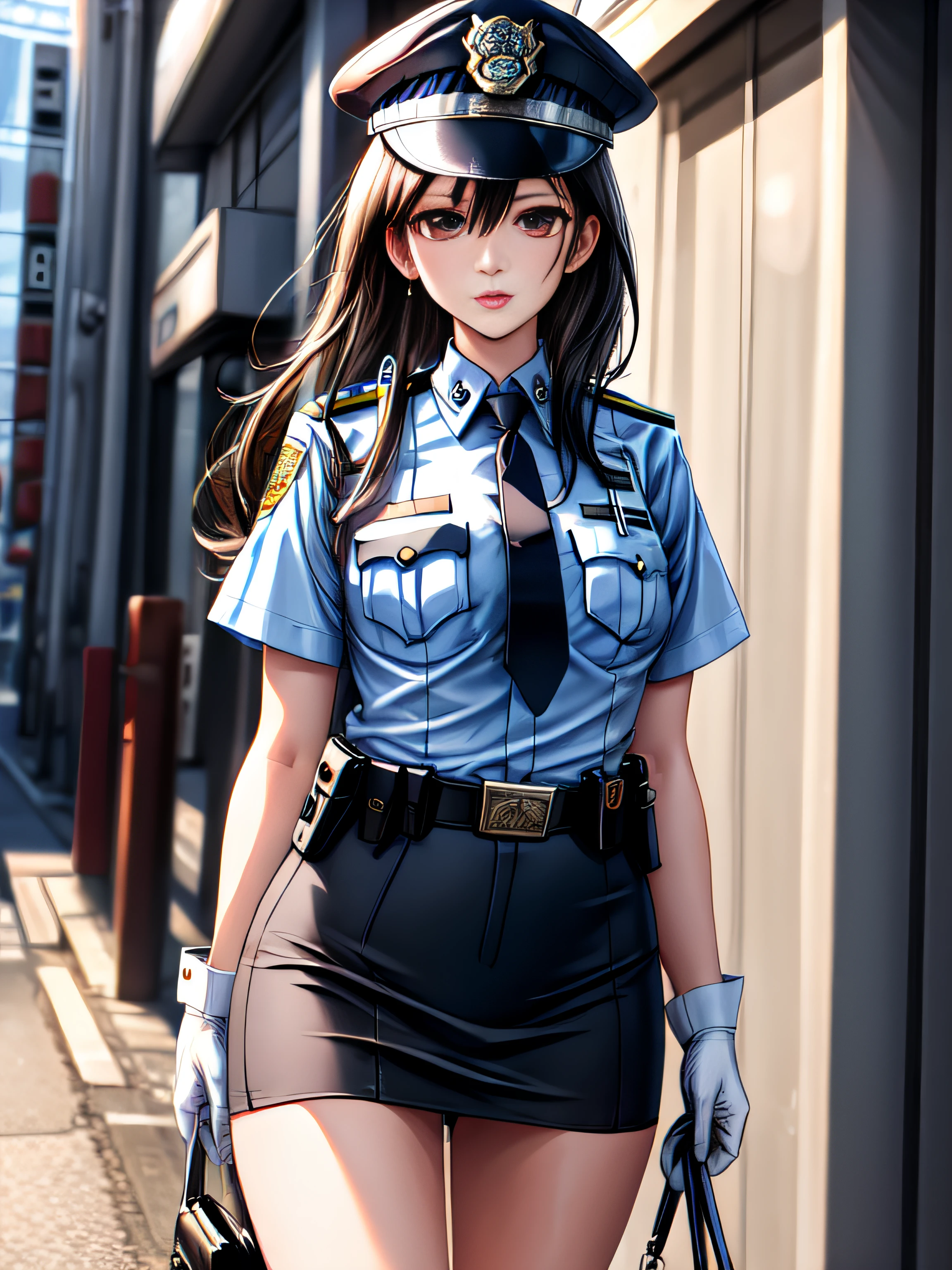 masterpiece , high resolution , 8k best quality , realistic detailed , 1woman , long black hair , silky hair , brown sharp eyes , attractive eyes , police girl , wearing police office dress, japanese policewoman uniform, light blue short sleeved shirt, navy necktie, high waisted miniskirt, belt, white gloves, police hat, handcuffs