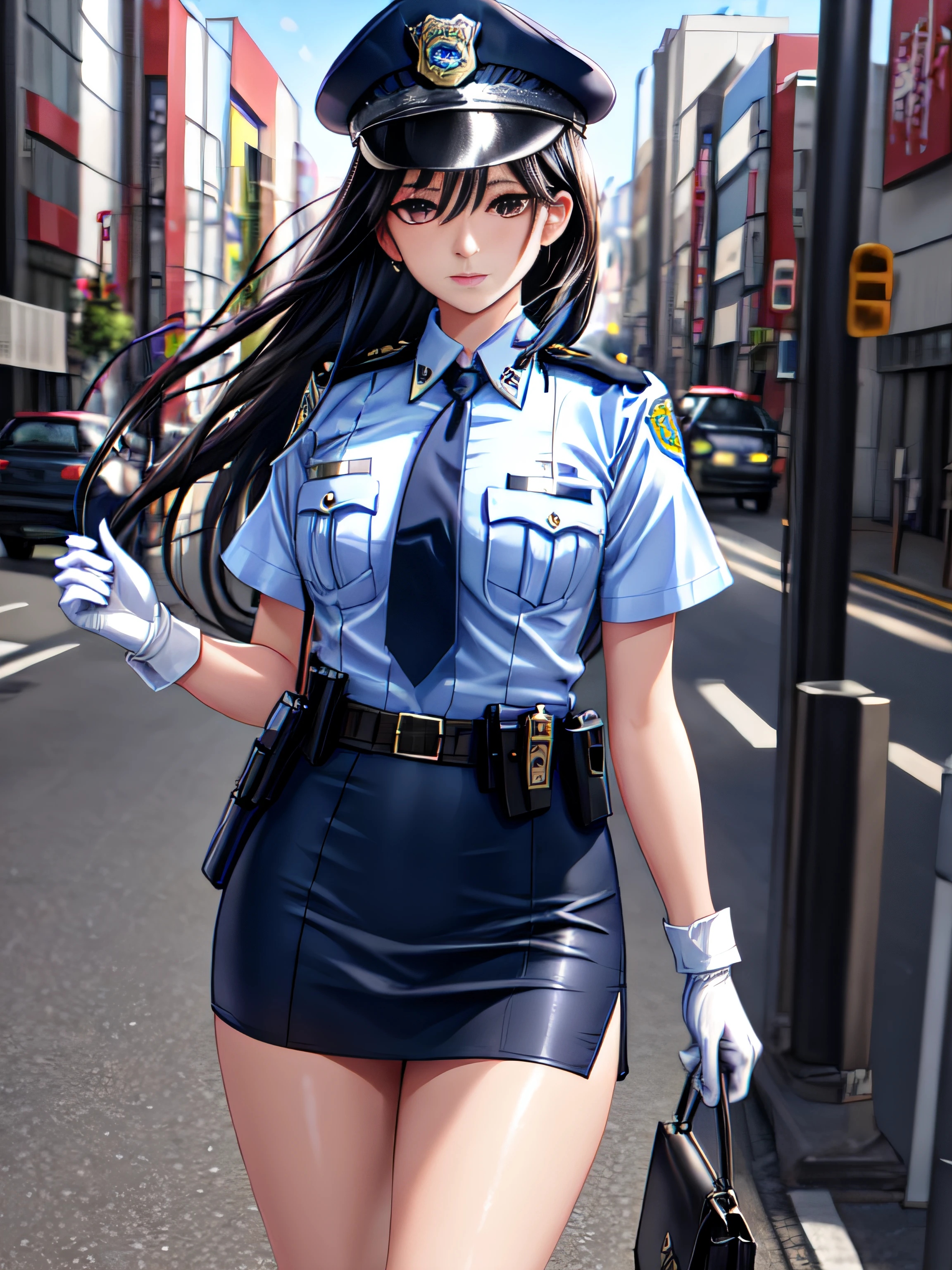 masterpiece , high resolution , 8k best quality , realistic detailed , 1woman , long black hair , silky hair , brown sharp eyes , attractive eyes , police girl , wearing police office dress, japanese policewoman uniform, light blue short sleeved shirt, navy necktie, high waisted miniskirt, belt, white gloves, police hat, handcuffs