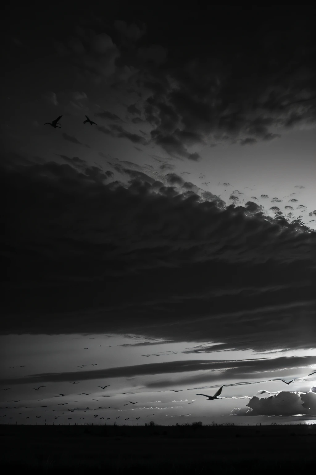 Create a black and white sky image, with birds flying
