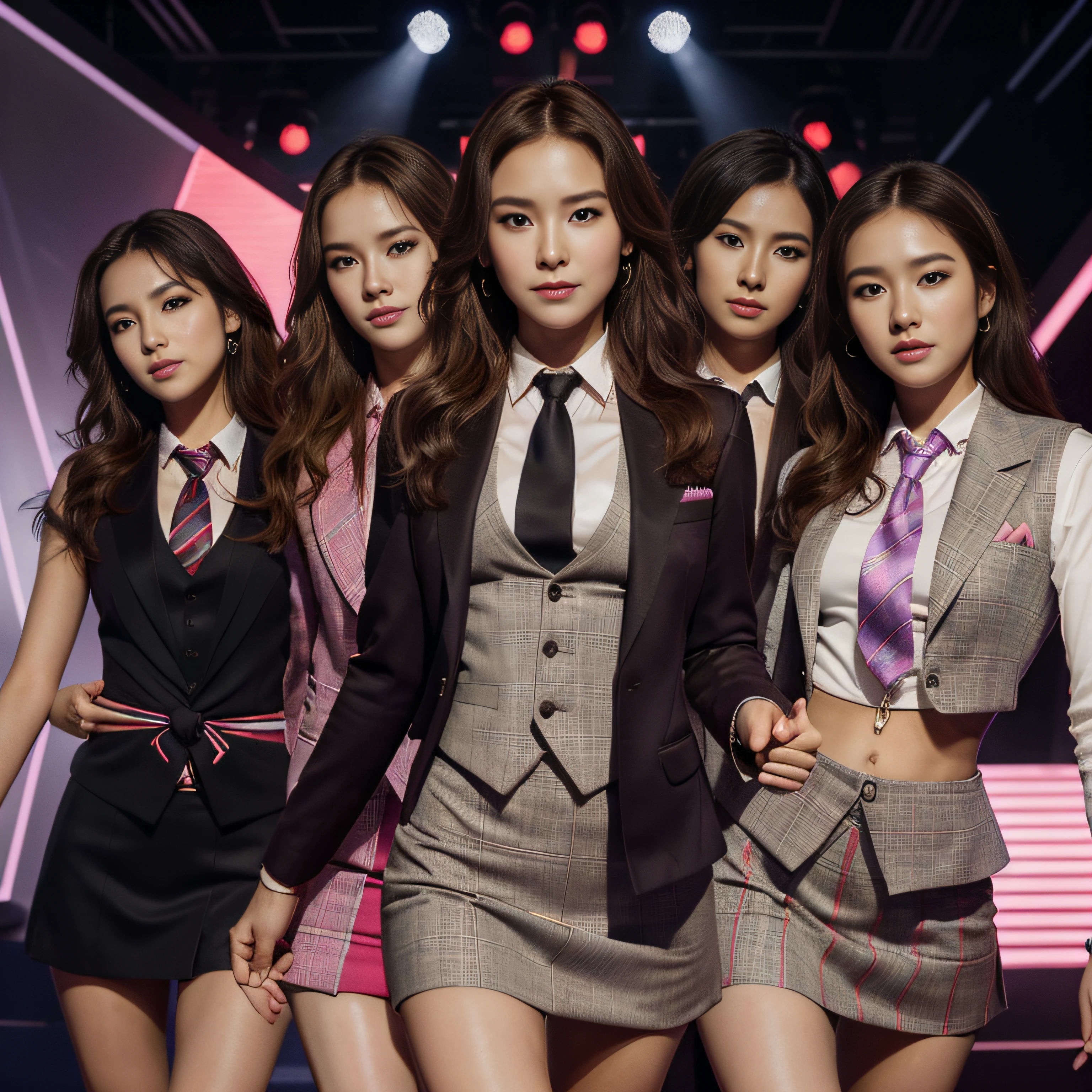 "Colorful and vibrant depiction of Girls' Generation, also known as SNSD, showcasing their individual beauty and dynamic poses. High quality rendering with detailed facial features, mesmerizing eyes, and perfectly styled hair. The background setting exudes energy and joy, with vibrant lighting, dynamic elements, and a sense of movement. The overall composition should capture the essence of Girls' Generation's music and charisma." skirt suit, (((three-piece suit))), (((necktie))), blazer, (((suit jacket))), (((waistcoat))), double-breasted waistcoat, bodycon miniskirt, pencil skirt,