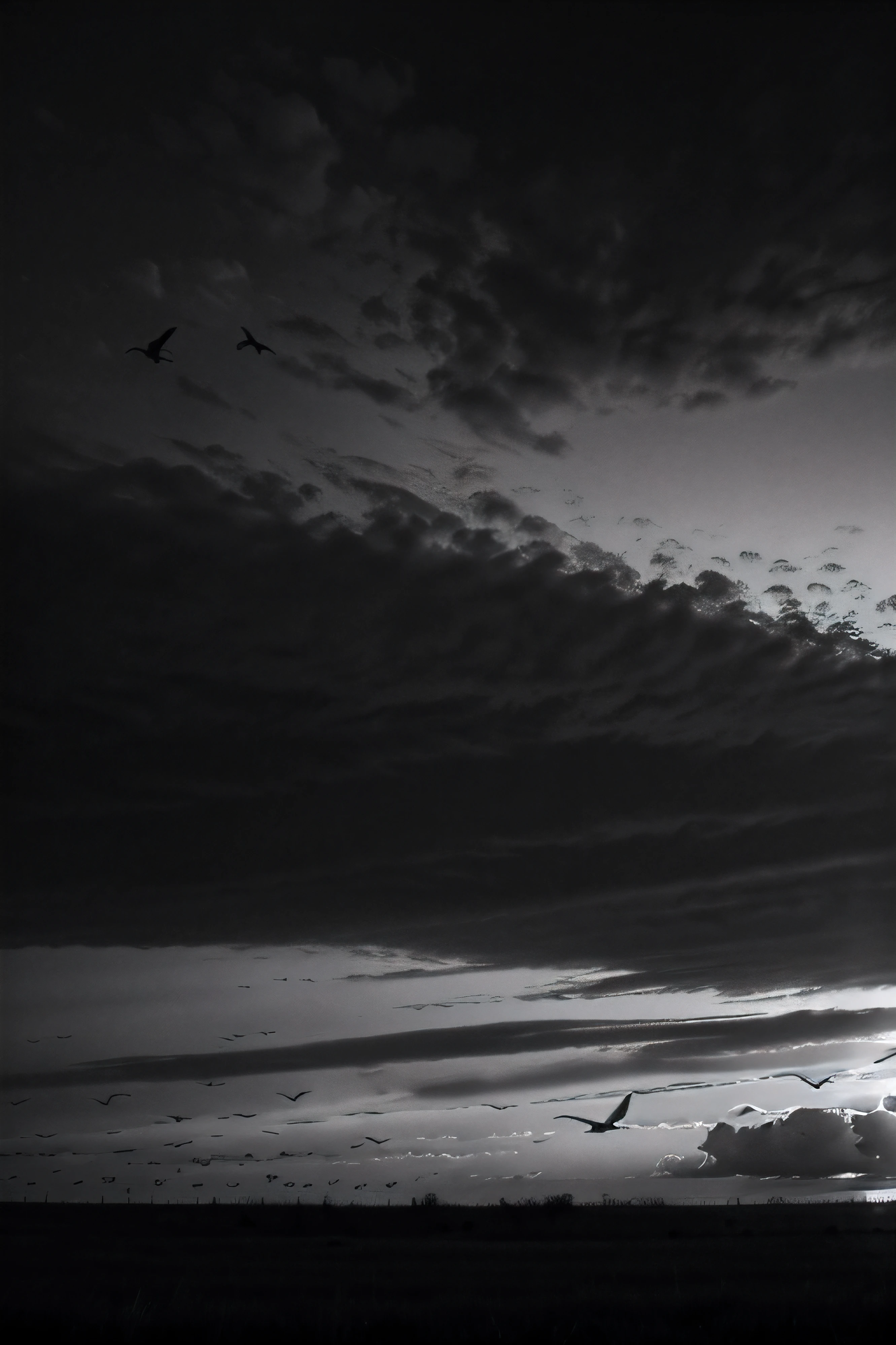 Create a black and white sky image, with birds flying