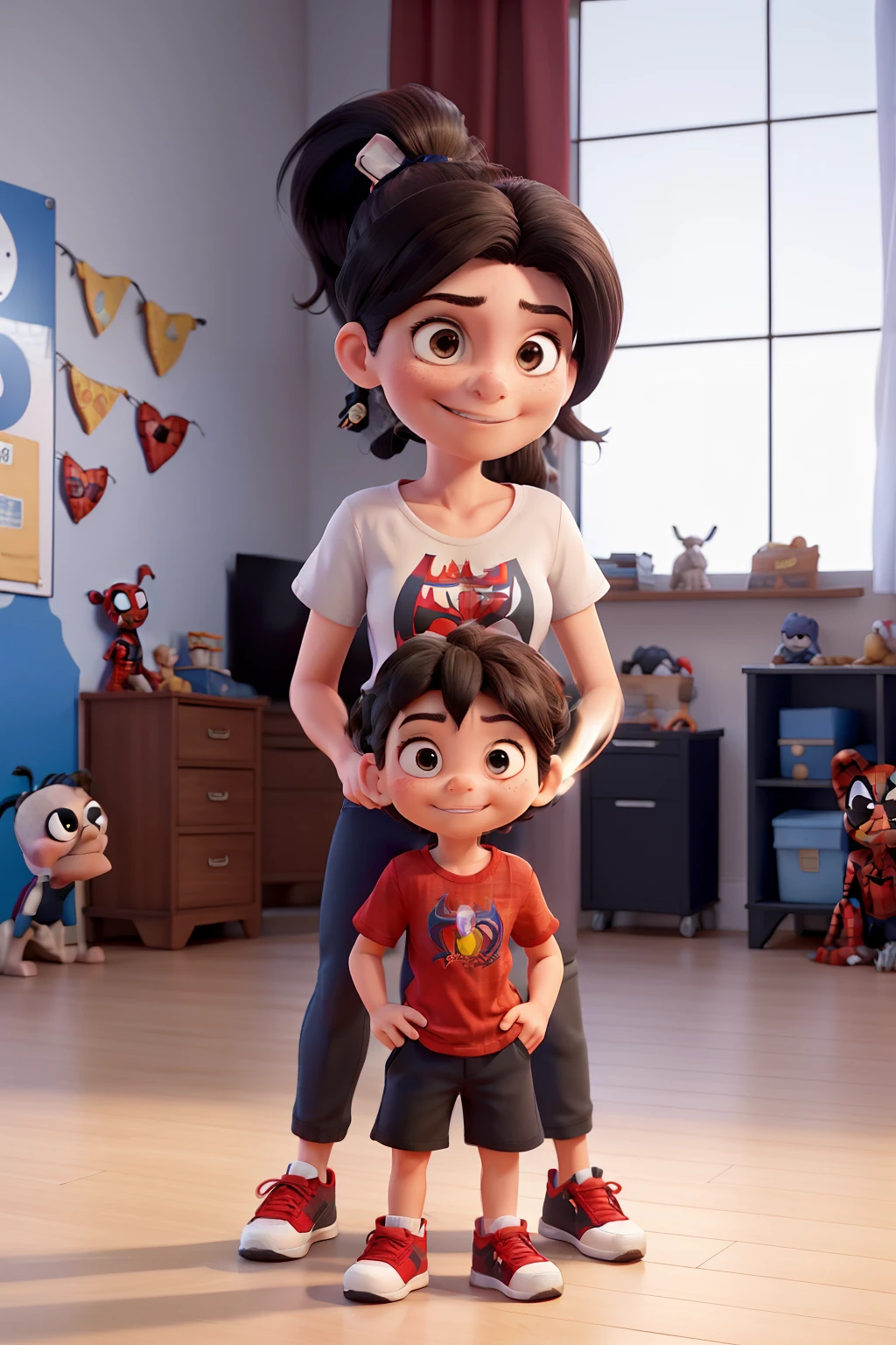 Woman with dark ponytail hair with her six--old wearing a Spider-Man t-shirt and black sneakers