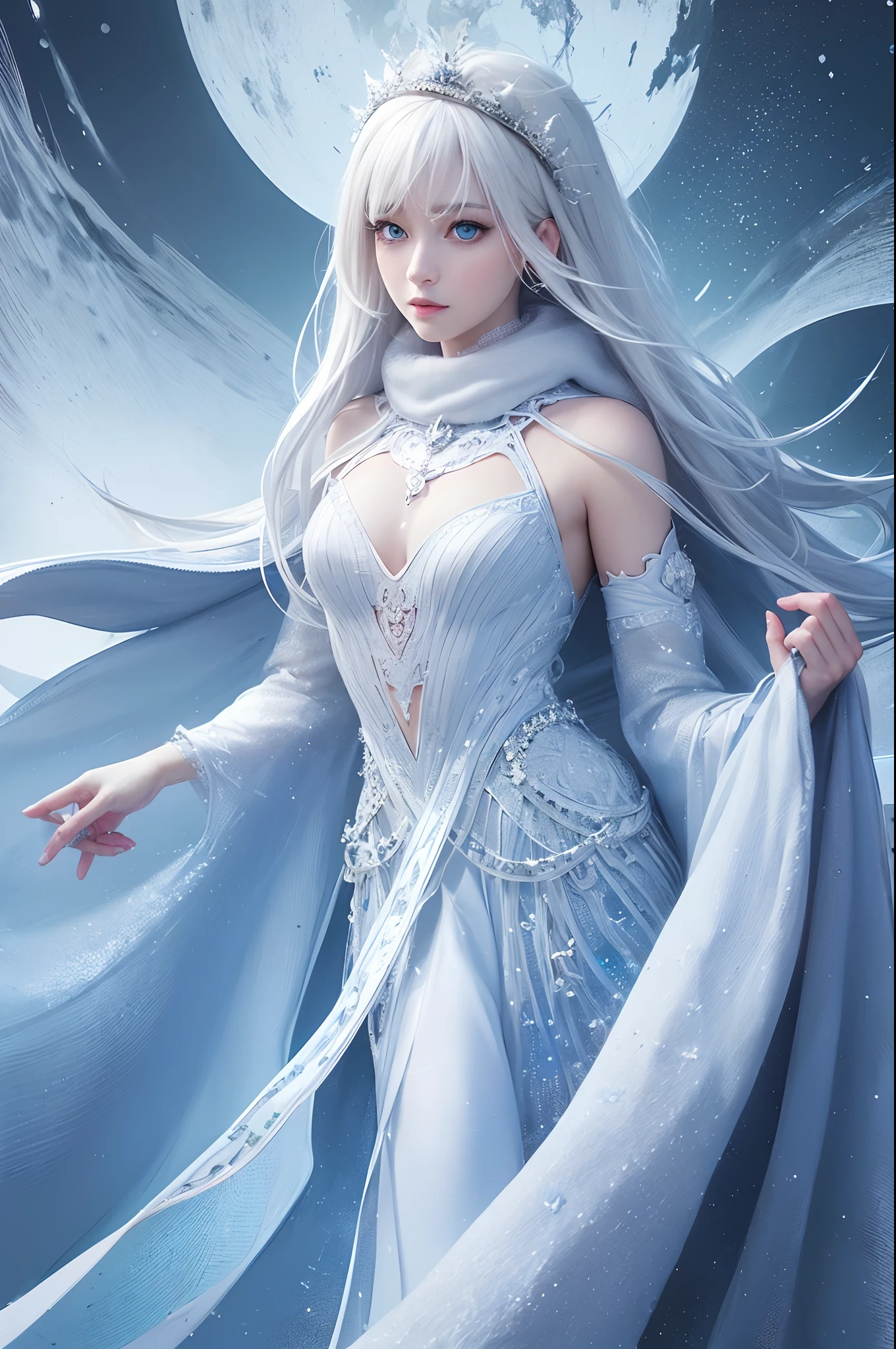 (tmasterpiece, topquality, beste-Qualit, official arts, Beautiful and aesthetically pleasing: 1.2), (1girl), extremely detialed, (s fractal art: 1.3), (snow-white hair:1.5), (Unnaturally bright blue eyes:1.4), (a goddess:1.3), (Unbelievably hottie:1.3), Depiction of the Goddess, Face of the Goddess, colourful, highest detail, a perfect face, upper-body, HDR, (White gold cloak lines: 1.2), galaxy, stunning visual, (dynamic stripes, Glowing footprints: 1.2), bright colours,