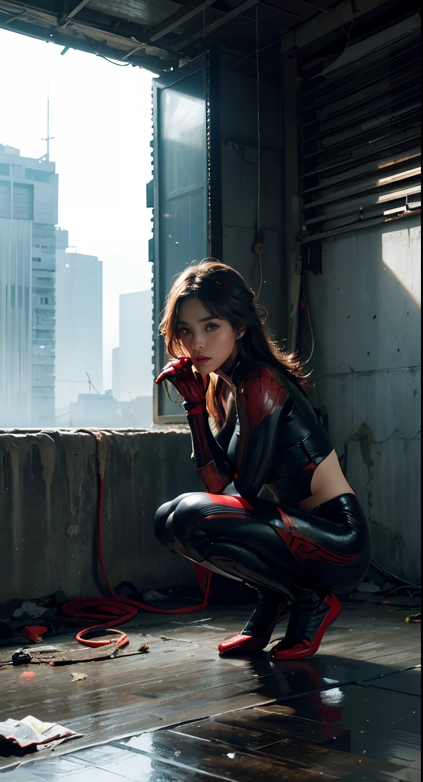 (1girl in:1.3), age19, Solo, __body-parts__, Official art, Unified 8K wallpapers, A highly detailed, Beautiful and aesthetic, Beautiful, ​masterpiece, best qualtiy, farsightedness, ​masterpiece, Ultra Fine Photography, top-quality, 超A high resolution, Realistic realism, sunlights, portrait of a full body, stunning beauty,, Dynamic Pose, delicated face, Vivid eyes, (from the front side), She wore a Spider-Man suit, Wearing a red and black color scheme.  spider, Very detailed abandoned warehouse background, Detailed face, Detailed complex busy background, slovenly, splendid, Milky, Very detailed skin, Realistic skin details, Visible Pore, foco nítido, Volumetric fog, 8K UHD, Digital SLR, hightquality, Film grain, Fair skin, photorealisim, Lomography, A futuristic dystopian megacity seen from below, Translucency、Part of the suit is torn by the fight