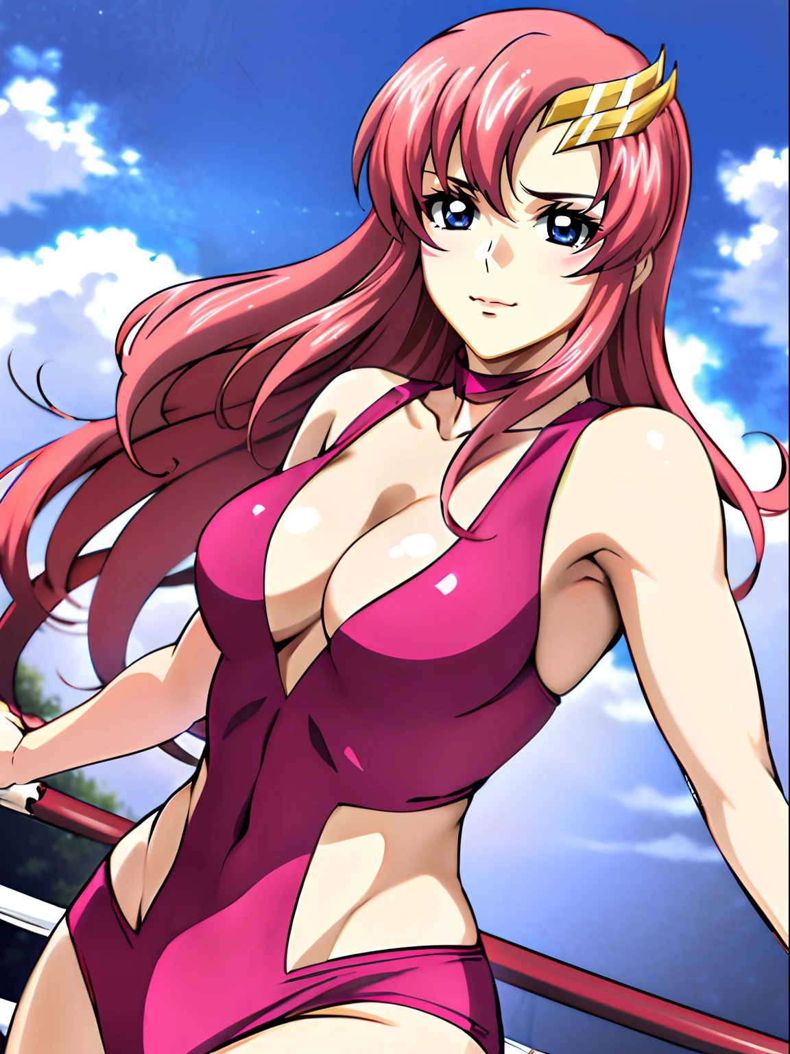 (((pink wrestling outfit))), (masterpiece, , 4K, Best Quality, Anime style: 1.9,, Adult Woman, ultra detailed face, (cloud background, wrestling), Drawing lines, high resolution, Anime, lacus4), 1girl, Solo, curvy figure, Long hair, 鎖骨, scapular, (Detailed wide hair bangs, Hair Ornament, Detailed reddish-pink hair, golden crest), cleavage, large hands, (pro female wrestler). (Big blue eyes, shiny eyes), ((female wrestler, little biceps, slender body, broad shoulders, closed fists, closed mouth)), ((perfect proportions, medium breasts, cleavage, long belly)), (((pink wrestling outfit))), , ( looking at the viewer),