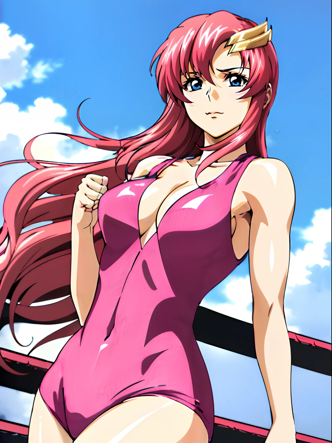 (((pink wrestling outfit))), (masterpiece, , 4K, Best Quality, Anime style: 1.9,, Adult Woman, ultra detailed face, (cloud background, wrestling), Drawing lines, high resolution, Anime, lacus4), 1girl, Solo, curvy figure, Long hair, 鎖骨, scapular, (Detailed wide hair bangs, Hair Ornament, Detailed reddish-pink hair, golden crest), cleavage, large hands, (pro female wrestler). (Big blue eyes, shiny eyes), ((female wrestler, little biceps, slender body, broad shoulders, closed fists, closed mouth)), ((perfect proportions, medium breasts, cleavage, long belly)), (((pink wrestling outfit))), , ( looking at the viewer),