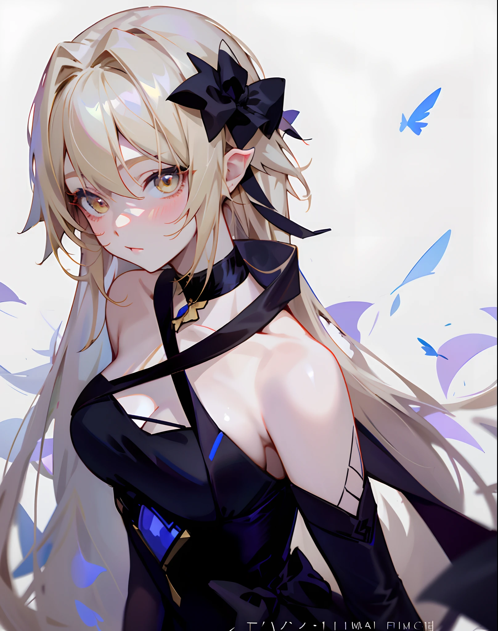 anime girl with long blonde hair and black dress with blue bow, 1girl, female focus, solo, lumine (genshin impact), genshin impact fanarts, zerochan art, kda, anime artstyle, digital art on pixiv, made with anime painter studio, anime waifu in a nice dress, beautiful anime girl, anime girl wearing a black dress, blonde anime girl with long hair, golden eyes