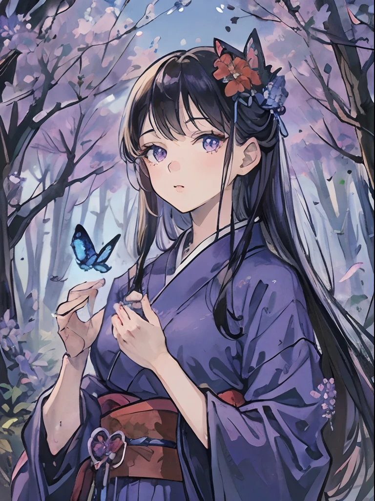 masterpiece, high quality, very detailed shading, perfect face, perfect hands, detailed background, young Japanese woman, adult woman, sparkling eyes, blue kimono, purple hakama, small breasts,forest, trees,flowers, complex background, butterflies, blue sky,long black hair, brown eyes