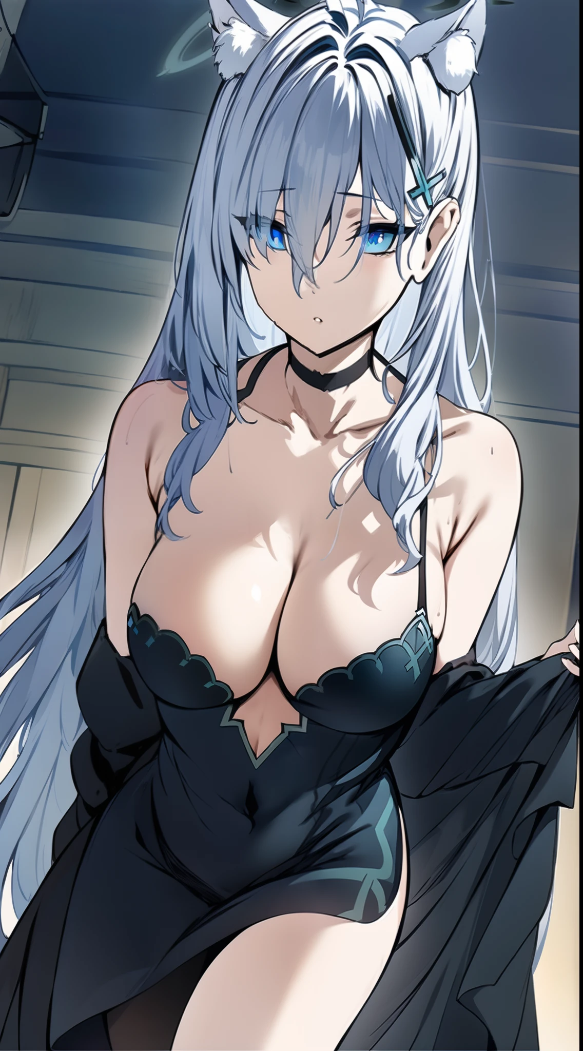 D, HD, Detailed details, Detailed landscapes, beautiful lights, Beautiful Shadows, top-quality, Highly detailed, masterpiece, best quality, solo, 1girl, animal ears, extra ears, Shiroko black, dress, cleavage, animal ear fluff, large breasts, looking at viewer, blue eyes, black choker, black dress, halo, grey hair, parted lips, long hair, collarbone, earrings, bangs, jewelry, hair ornament, hair between eyes, stud earrings, ahoge, jacket, cross hair ornament, anime-styled, expressionless, full body