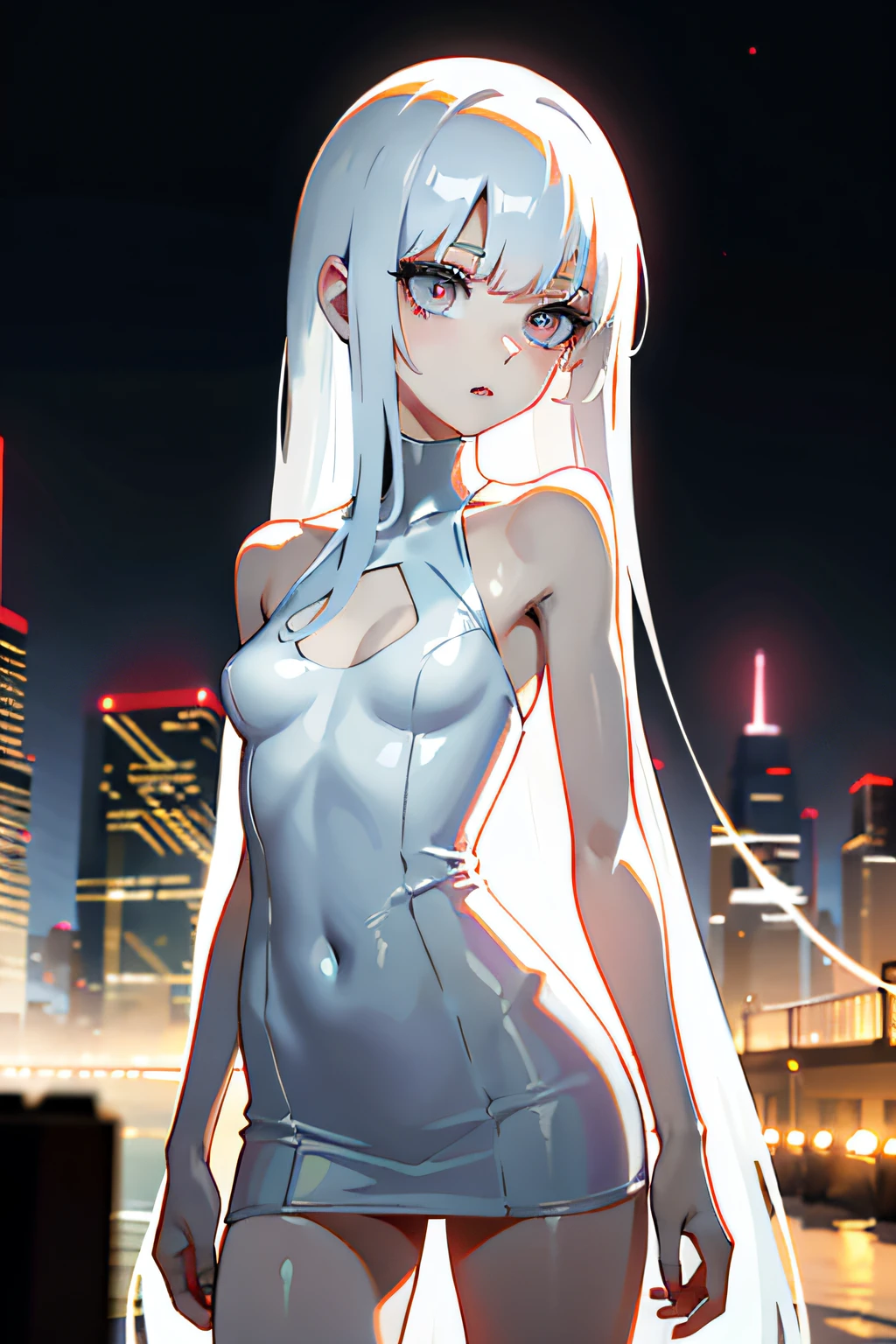 Cyberpunk slender young girl, White long hair, Full-length in a short dress, is looking at the camera, Against the backdrop of a cyberpunk city, white short dress, naked legs, brightness, Masterpiece, Best Quality, 1girl, hiquality, Ultra Detailed, ((Real image)), ((lifelike skin)), ((realistic face)),(illustartion:1.05), (Beautiful:1.05), (beautiful detail eyes:1.05), (cinematiclight:1.1), Form-fitting silhouette, Slim, small breasts, white clothing. Faraway view. full-length photo、