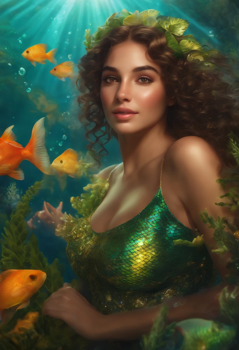 (brown eyes,brown curly hair in pigtails),Hispanic Mermaid,underwater,beautiful detailed scales,tropical plants,sparkling ocean,playful expression,dancing with colorful fishes,shimmering sunlight(best quality,highres:1.2),vibrant colors,water reflections,floating seaweed,ethereal atmosphere,portraits.