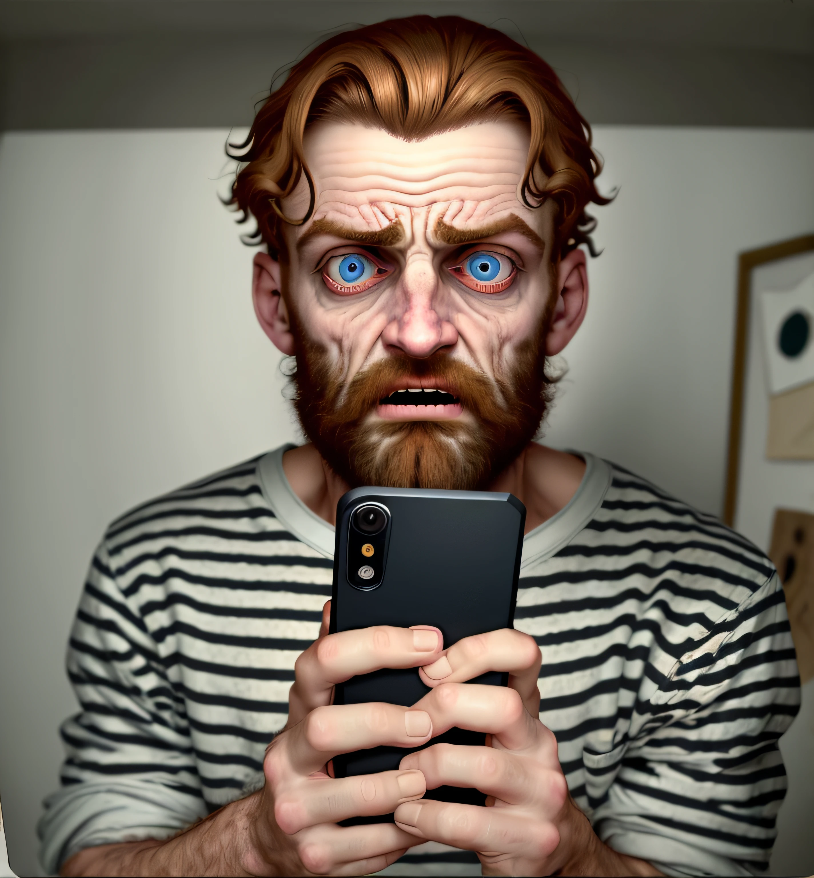 um close up de um homem olhando para seu celular, olhando para o telefone dele, olhar horrorizado em seus olhos, parecendo surpreso, he is holding a smartphone, olhar chocado, Enormes olhos surpresos, man is terrified, surprised expression, olhar assustado, staring directly at camera, staring directly at camera, selfie de um homem, scariest looking man alive, shocked expression