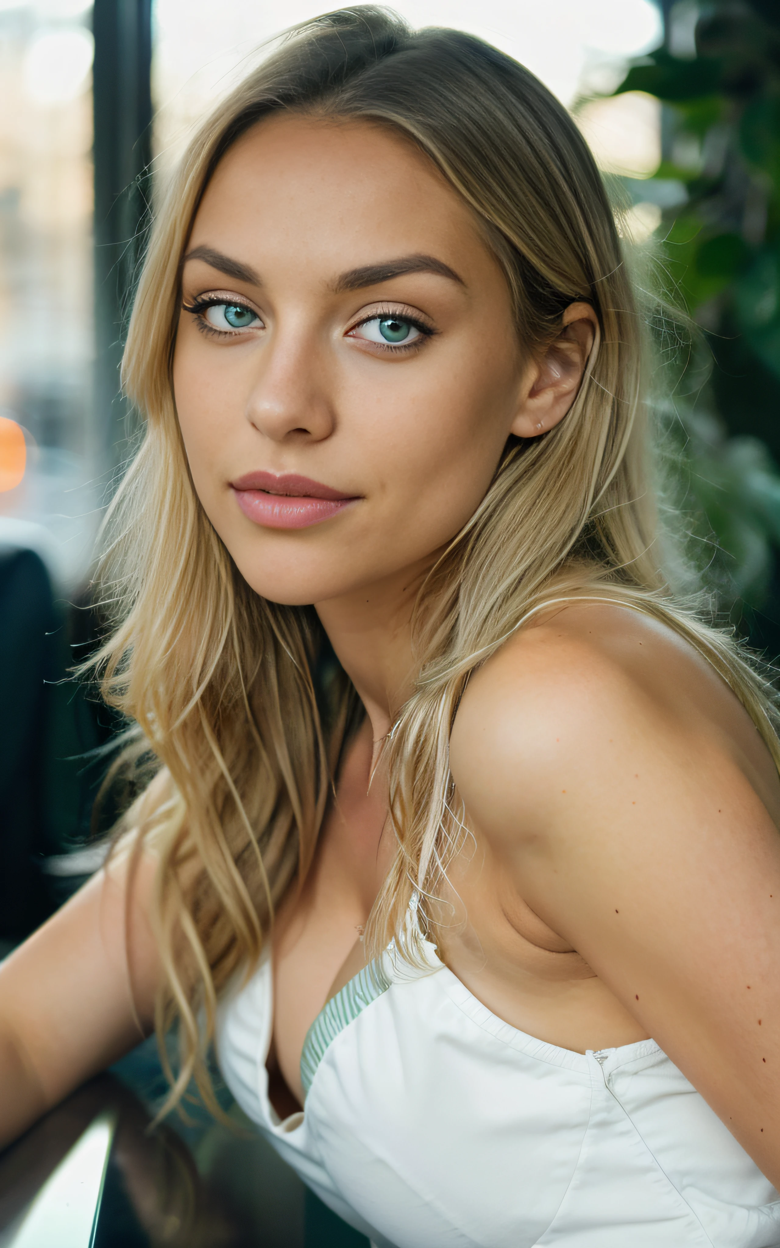 (Helena Lovista) photo of a stunning beautiful woman, 24 years old, perfect fit body, big green eyes, long messy windy blonde hair, green eyes, Face blonde highlights, detailed seductive eyes, wearing social blouse, drinking coffee with blurred background, best quality masterpiece, photorealistic, detailed, 8k, HDR, shallow depth of field, wide light, high contrast, backlighting, bloom, light glows, chromatic aberration, sharp focus, RAW color photo