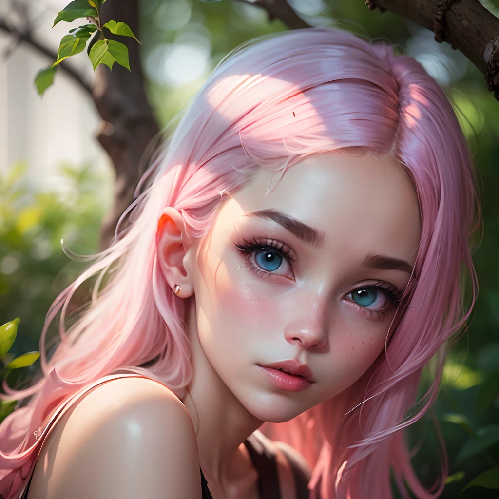 (masterpiece, best quality:1.4), Young blonde beauty, (((18 years old, neat girl))), detailed blue eyes, long eyelashes, blush, kind smile, horny, upper body, (topless), small ass, round ass, (wet pussy), (looking at viewer), beautiful blonde hair, white-skinned, (bangs:1.3), pigtails, squeezing, open legs, (medium size breasts), (mushroom forest, celestial forest, beautiful and magnificent pink sunshine, majestic sky), natural light, pastel colors