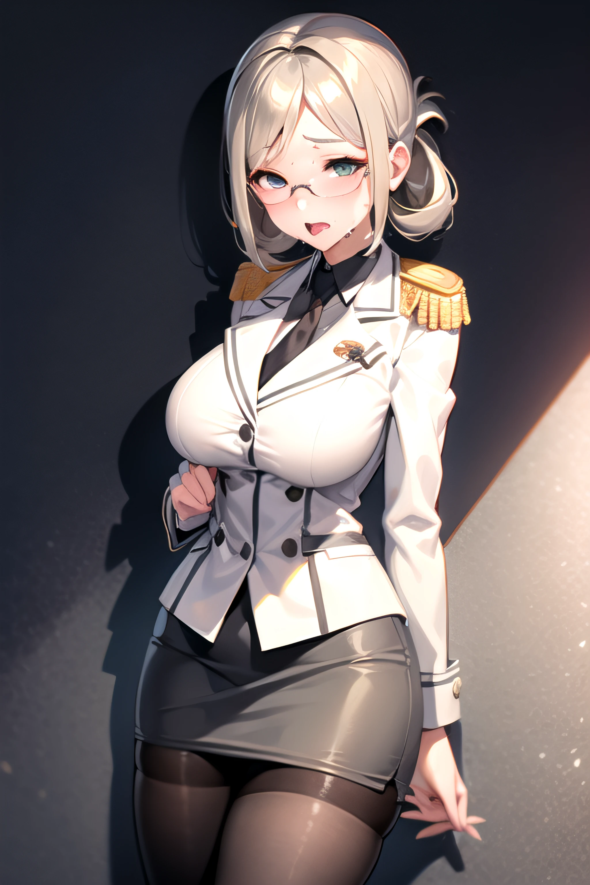 1girl, katori, military uniform, skirt suit, grey dress shirt, necktie, white blazer, suit jacket, bodycon miniskirt, pencil skirt, epaulettes, shirt cuffs, tights, pantyhose, glasses, nsfw, (((gangbang))), cum, cum in pussy, cum in ass, ((bukkake:1.4)), ((facial:1.4)), ((excessive cum)), cum on face, cum on hair, cum on clithes, cum on body, cum on breasts