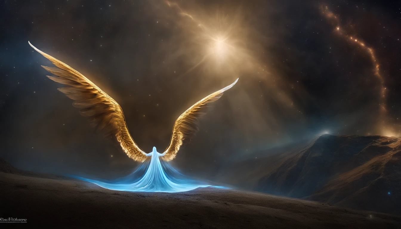 cosmic fallen angel, olhos claros brilhantes, Biomechanicals, estranho, assustador, Pesadelo, cores muito brilhantes, light particles, com luz brilhante, Mshiff, Arte do papel de parede, Papel de parede UHD