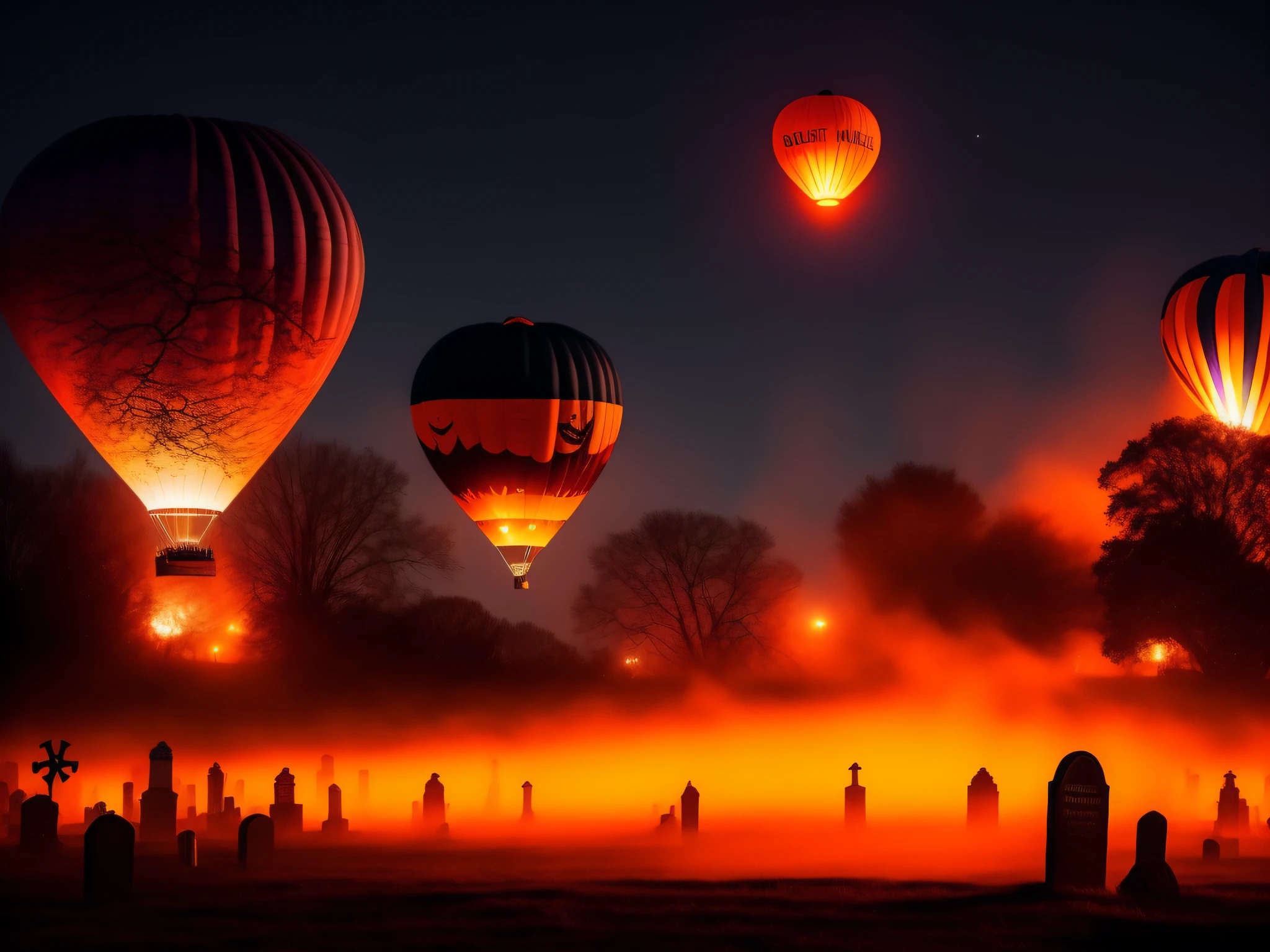 A chilling spectacle of hot air balloons, designed with 'Halloween-core' themes, floating over a foggy graveyard bathed in moonlight. Hauntingly beautiful, the atmosphere is accentuated with shades of orange, black, and purple fitting of the Halloween night. Think along the lines of Tim Burton's macabre aesthetics, creating a realistic 4K UHD masterpiece. --auto