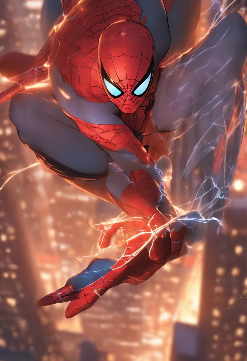 (Extrem detailliertes CG Unity 8K-Hintergrundbild, Meisterwerk, highest quality), (Exquisites Licht und Schatten, Hochdramatisches Bild, Kinoreifer Linseneffekt), a girl in a white Spider-Man costume, grau-blaue Haarfarbe, aus dem Spider-Man-Paralleluniversum, Wenger, Wunder, Spider-Man, auf der Couch sitzen, Dynamische Pose), (Hervorragende Detaillierung, Hervorragende Beleuchtung, Weitwinkel), (Exzellentes Rendering, genug, um in der gleichen Klasse herauszustechen), with a focus on white Spider-Man costumes, Komplexe Spinnentexturen