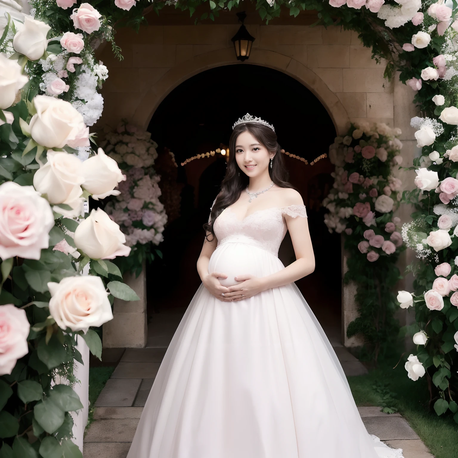 (masutepiece、top-quality、8K、Highly Detailed and Complex Detail、The most complex and detailed textures、Super High Detail)、(1 very young 10 year old pregnant bride:1.3)、large full breasts、The most luxurious wedding dress、wedding lace、The finest giant tiara、Top quality giant necklace、the most luxurious and luxurious decoration、(surrounded by lots of flowers:1.2)、Bride in the castle flower garden、the most luxurious and romantic wedding、(huge flower gardenに立つ花嫁:1.2)、one giant fountain、huge flower garden、Exterior of the most luxurious and huge European castle in the background、(Bride's upper body photo:1.2)、accurate anatomy、Very bright、Beautiful skin、the biggest smile when you look at me、(Background filled with flowers:1.2)