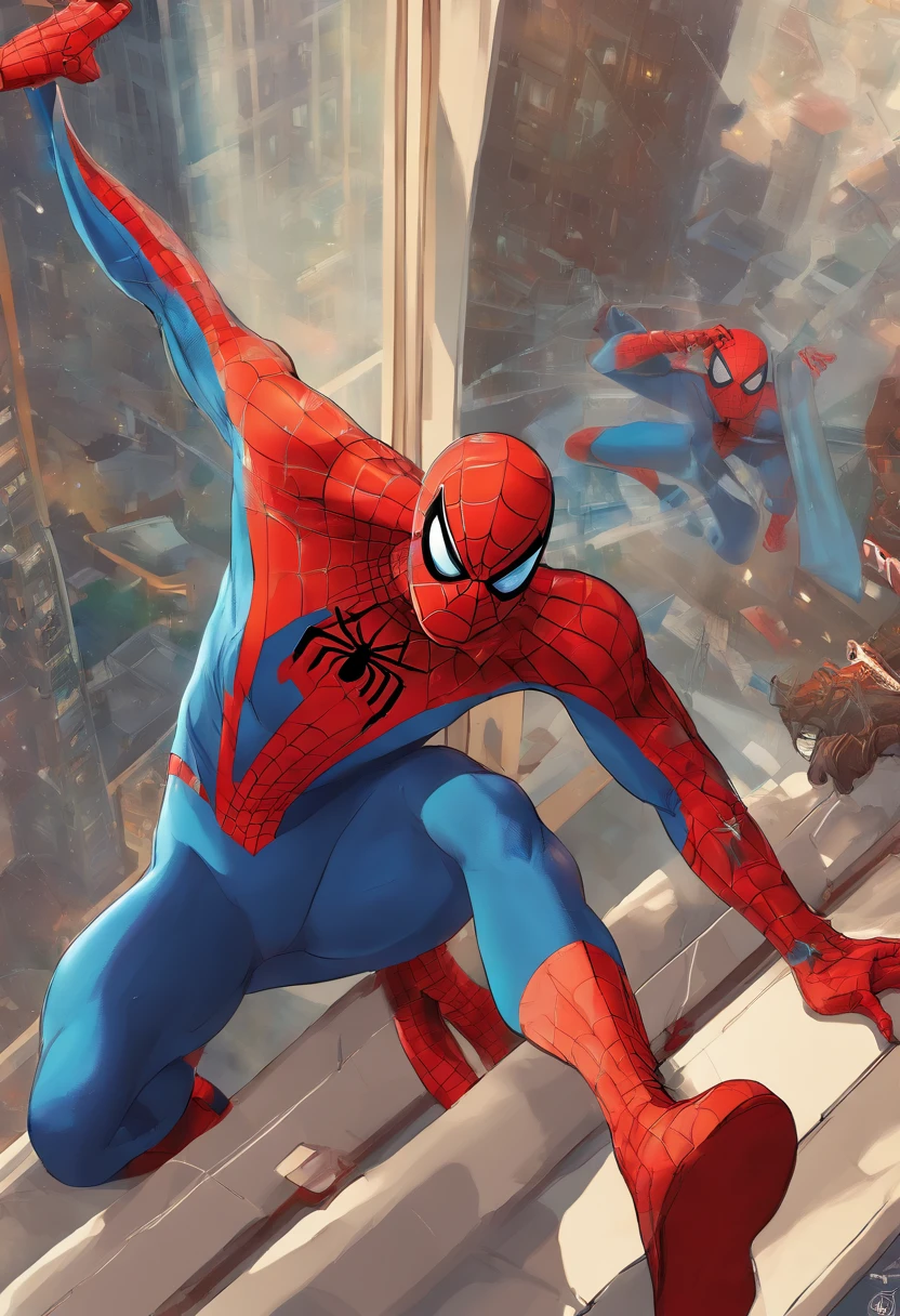 (Extrem detailliertes CG Unity 8K-Hintergrundbild, Meisterwerk, highest quality), (Exquisites Licht und Schatten, Hochdramatisches Bild, Kinoreifer Linseneffekt), a girl in a white Spider-Man costume, grau-blaue Haarfarbe, aus dem Spider-Man-Paralleluniversum, Wenger, Wunder, Spider-Man, auf der Couch sitzen, Dynamische Pose), (Hervorragende Detaillierung, Hervorragende Beleuchtung, Weitwinkel), (Exzellentes Rendering, genug, um in der gleichen Klasse herauszustechen), with a focus on white Spider-Man costumes, Komplexe Spinnentexturen