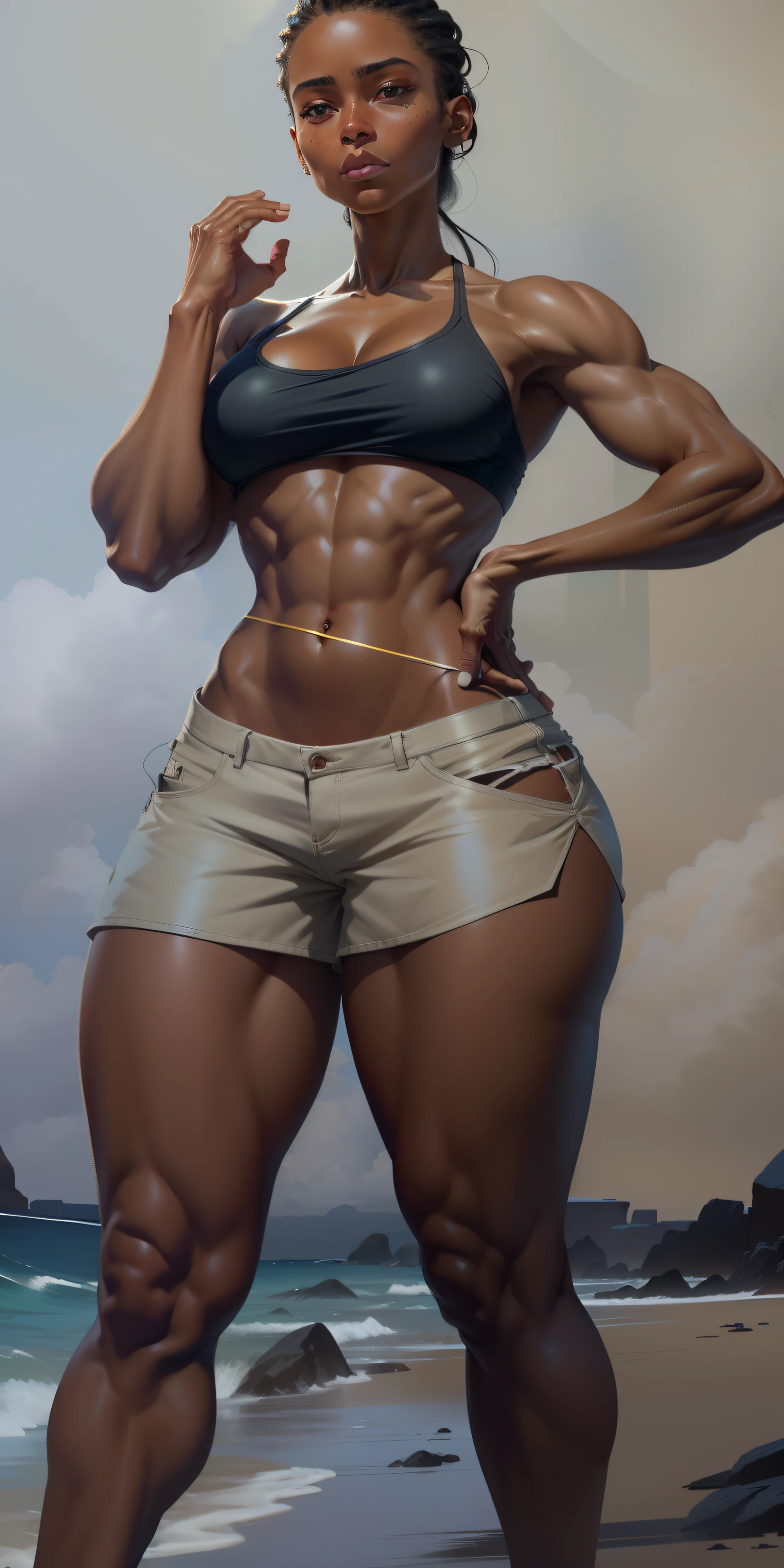 a close up of a woman in a bikini top and shorts, photorealistic perfect body, smooth body features, toned shape, photorealistic skin tone, faired skin, ethereal vaporous tan skin, realistic shaded perfect body, perfectly shaded body, natural skin tone 4k textures, ebony skin, fit curvy physique, toned body, character is in her natural pose