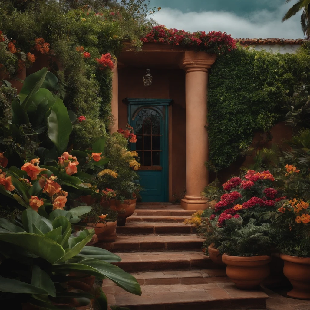 Um lugar grande com muita grama e plantas, com uma atmosfera nublada e escura, acompanhada de raios