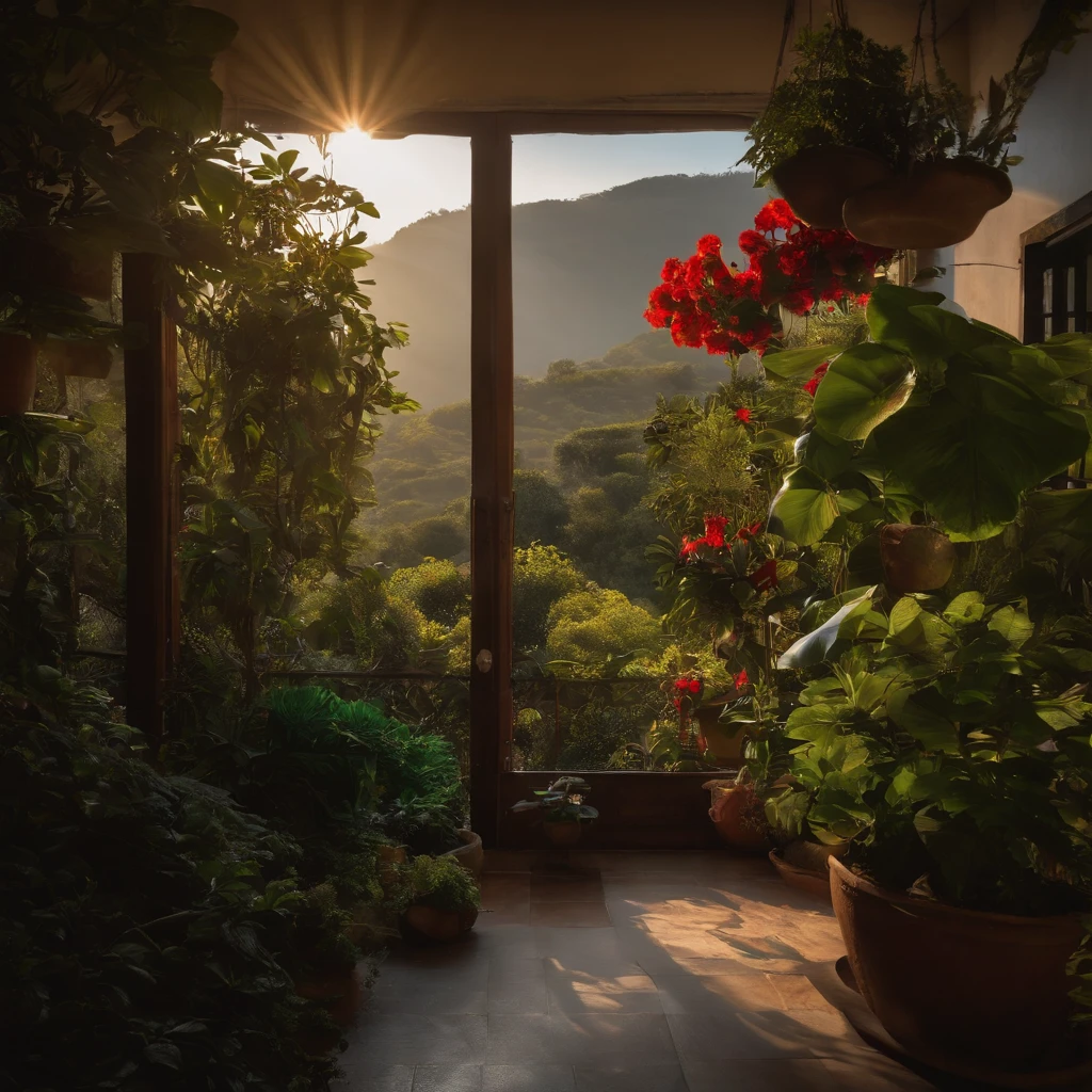 Um lugar grande com muita grama e plantas, com uma atmosfera nublada e escura, acompanhada de raios