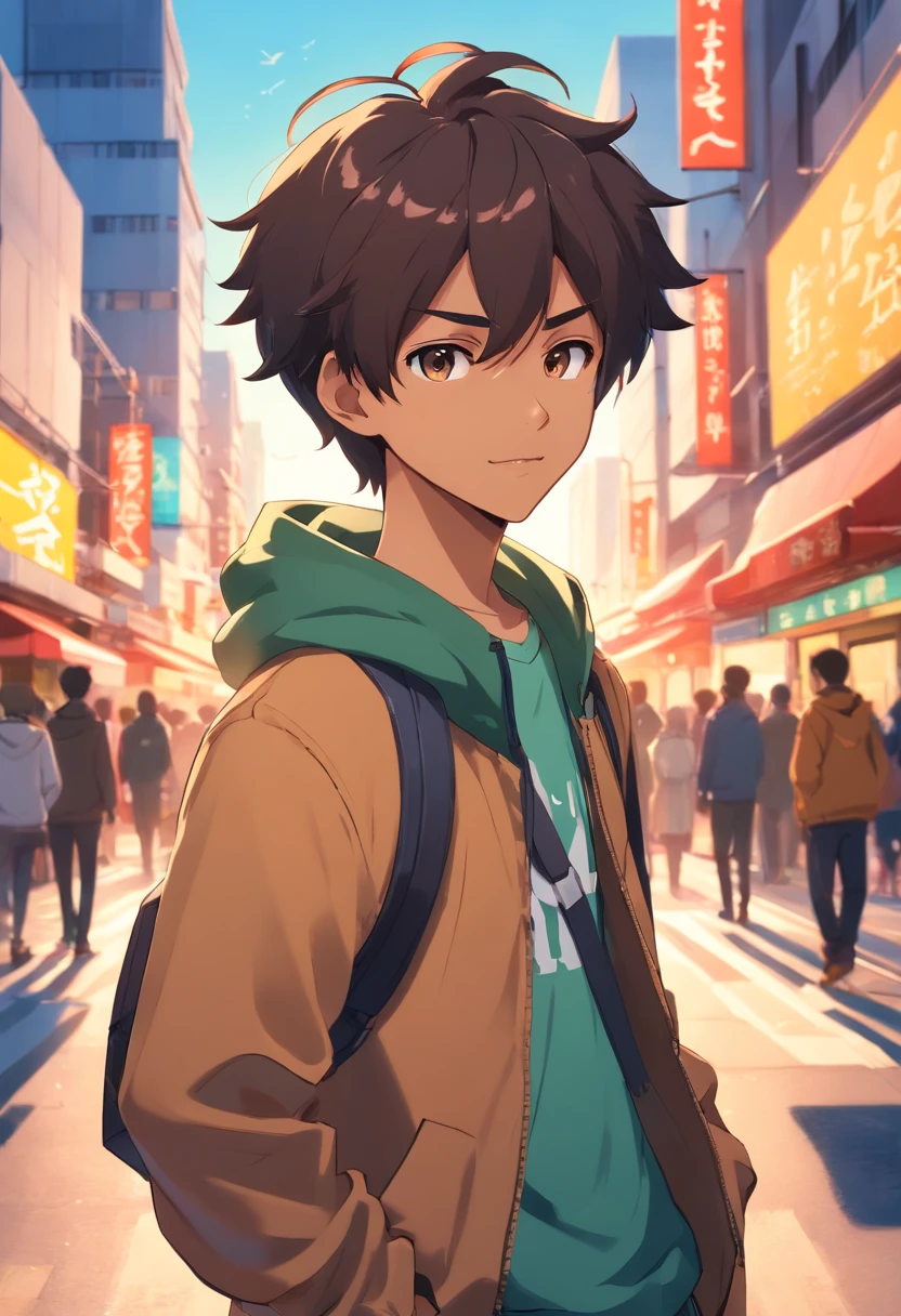 a boy, Italian African Mixed Race, cheveux loks, Transformed into an anime style, with exaggerated unique facial features and clothing, standing on a busy city street, Backlit background highlights the subject, High-contrast colours, 4K High Definition Quality, jeune, souriant, beau