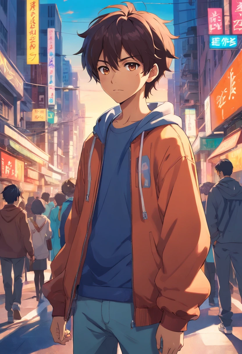 a boy, Italian African Mixed Race, cheveux loks, Transformed into an anime style, with exaggerated unique facial features and clothing, standing on a busy city street, Backlit background highlights the subject, High-contrast colours, 4K High Definition Quality, jeune, souriant, beau
