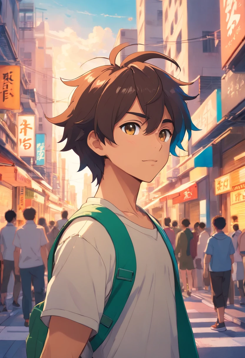 a boy, Italian African Mixed Race, cheveux loks, Transformed into an anime style, with exaggerated unique facial features and clothing, standing on a busy city street, Backlit background highlights the subject, High-contrast colours, 4K High Definition Quality, jeune, souriant, beau