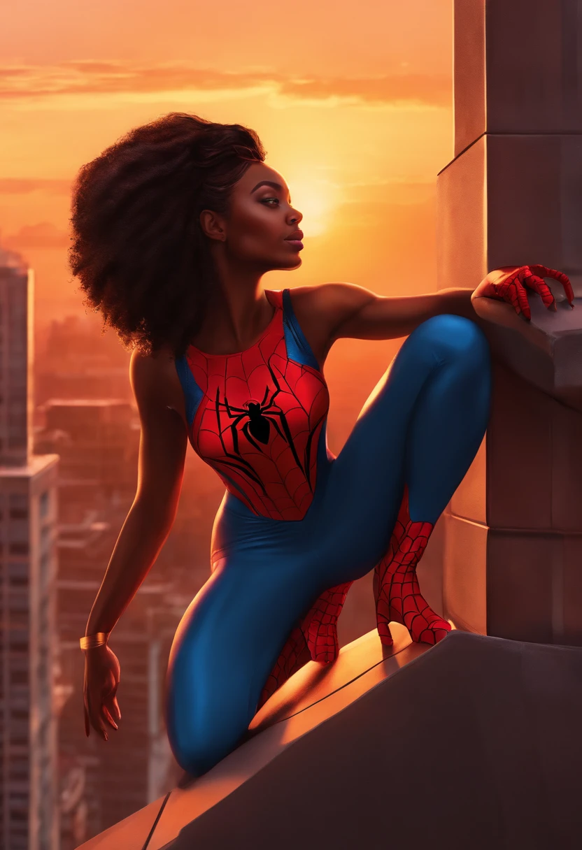 A black girl on top of a building with spider man outfit looking at sunset