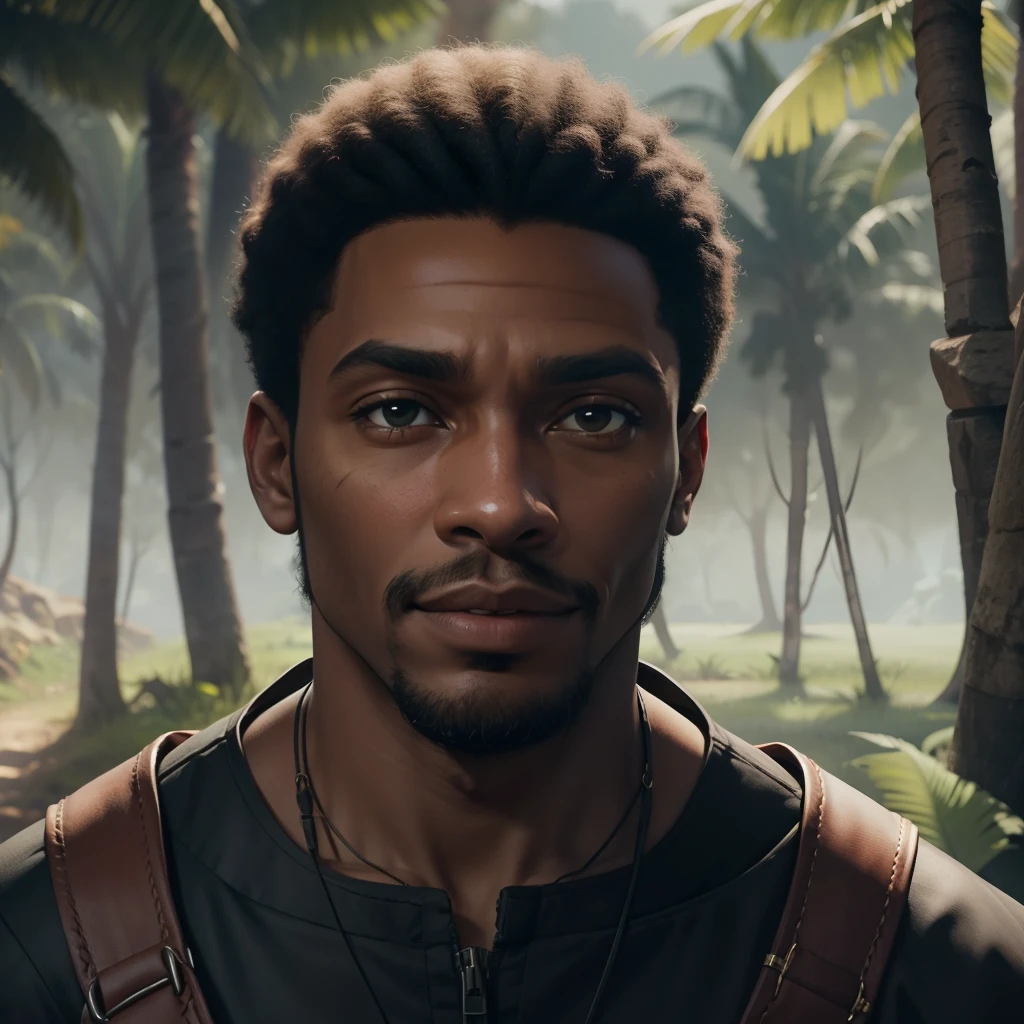 Homem, pele negra bonita, africano, symmetrical face, cabelo loiro cacheado cabelo encaracolado black Power desarrumado, olhos roxos, dorso completo, parte de cima do corpo, retrato,roupa de plebeu, luz dinamica, paisagem floresta medieval, HD, 8k, TN-RpgGameBoy, homem negro de cabelos loiros, jovem, rosto feliz, expression happy, cabelo claro, armadura vermelha, roupas brancas