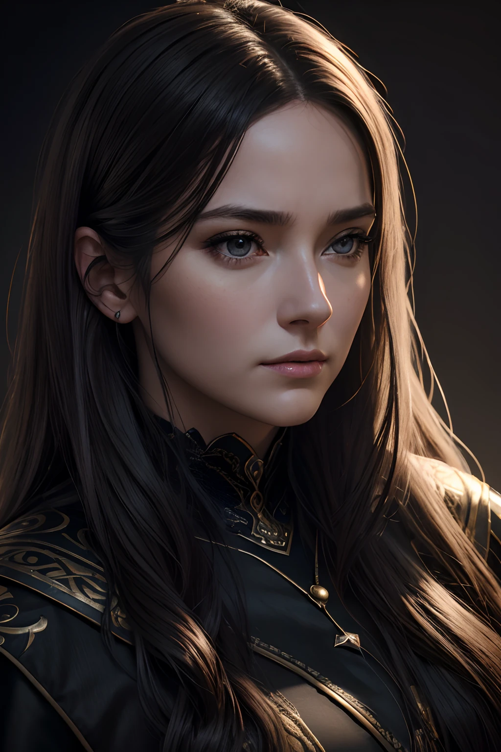 Hyper-realistic portrait of wise woman giving advice ,Art fantastique, photo realist, dinamic lighting, artstation, affiche, volumeric lighting, highly detailed faces, 4 K, award winning,, 1fille, Dans le noir, Ombre profonde, Discret,,Long hair loose, regarde face a la camera