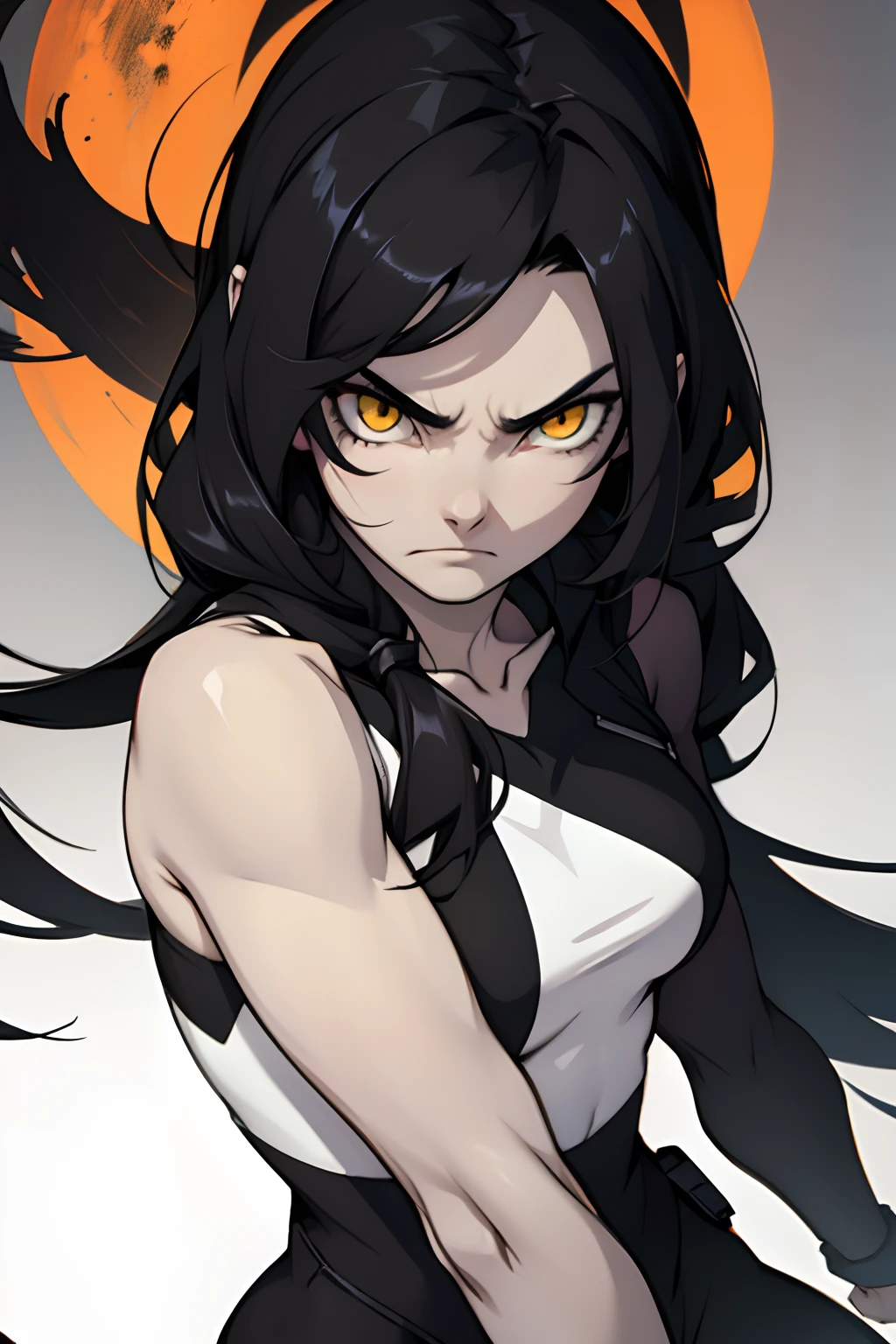 (((muscular girl))) huge breasts grey background black hair very long hair yellow eyes pale skin angry close up