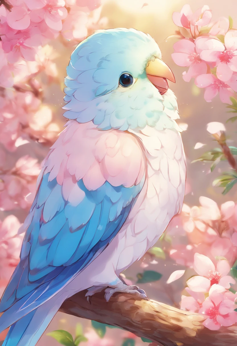 Best Quality,4K,8K,hight resolution, Ultra-detailed, in a house、Sleeping in bed、Where the morning sun shines in and wakes up、Gentle soft smile staring at budgies,Button pajamas that are only a little fluttering, Budgerigars are singing and waking up、With a beautiful song、Beautiful,Beautiful detailed eyes,Blue budgie,Soft blue eyes,Portraits,Subtle tones,Soft lighting