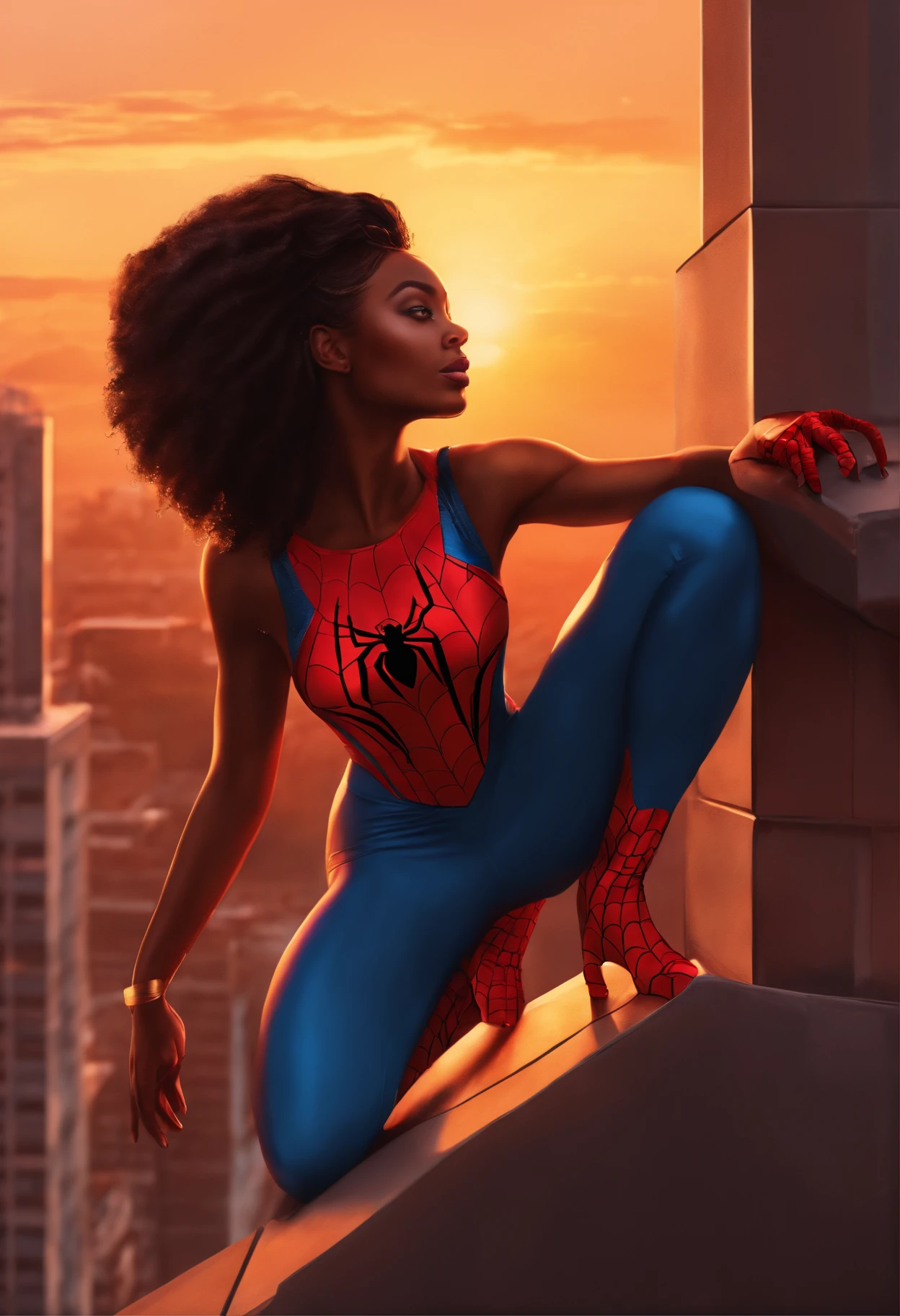 A black girl on top of a building with spider man outfit looking at sunset