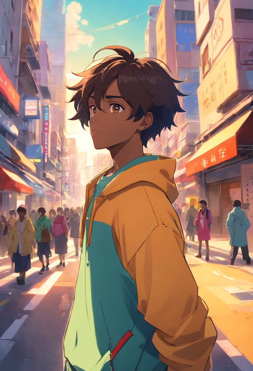 a boy, Italian African Mixed Race, cheveux asap rocky, Transformed into an anime style, with exaggerated unique facial features and clothing, standing on a busy city street, Backlit background highlights the subject, High-contrast colours, 4K High Definition Quality, jeune, souriant, beau