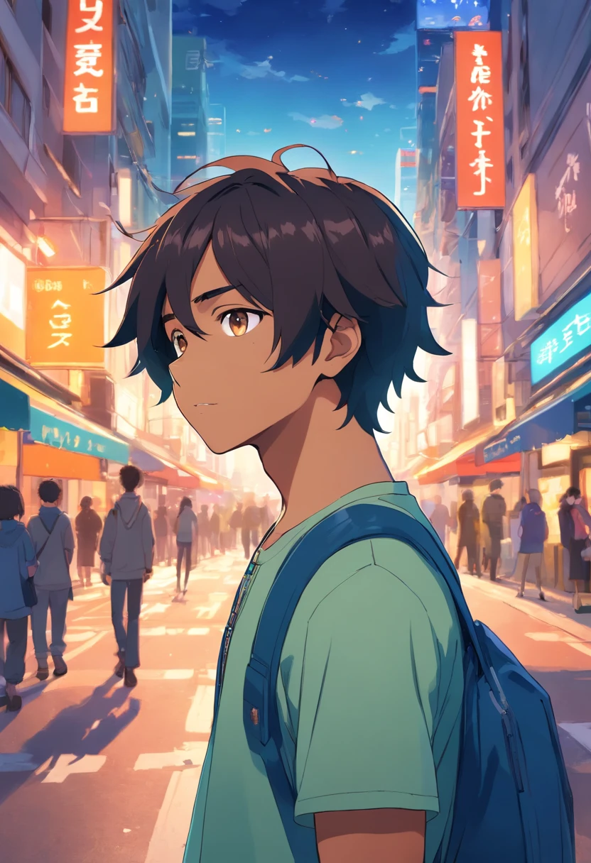 a boy, Italian African Mixed Race, cheveux asap rocky, Transformed into an anime style, with exaggerated unique facial features and clothing, standing on a busy city street, Backlit background highlights the subject, High-contrast colours, 4K High Definition Quality, jeune, souriant, beau