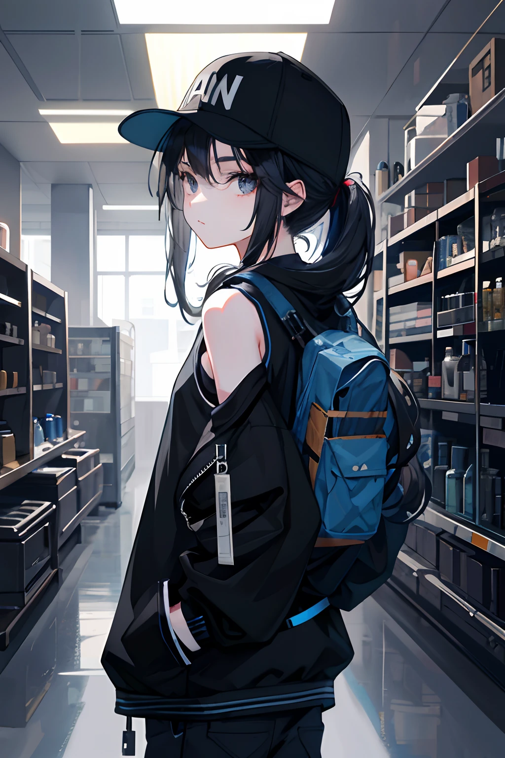 1girll,Back shadow,Sweatshirt,baseball cap,Alchemy Laboratory,the mystery of unknown territories,Put your hands in your pockets,Black hair,Shoulder-length hair,Black eyes,cyber punk perssonage