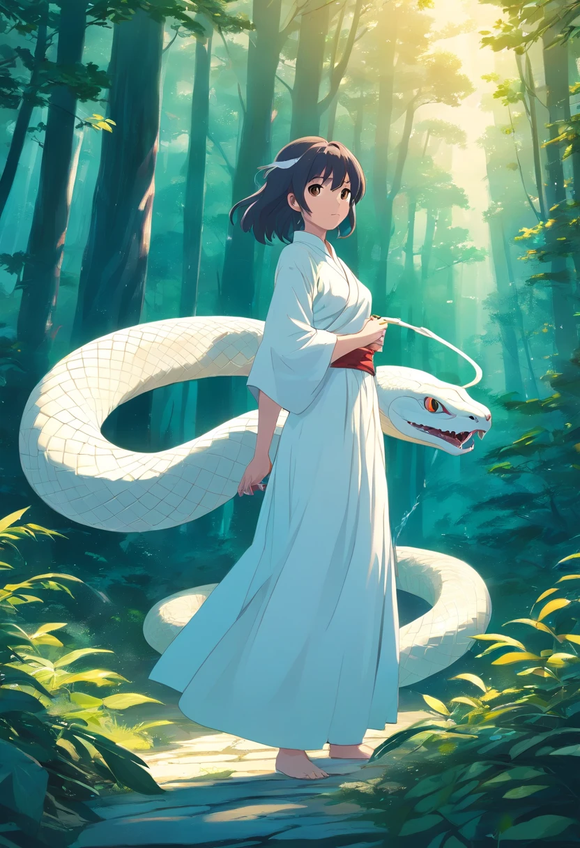 A large white snake slipped away，mystical aura, surreal atmosphere, Forest background，the night，（Chinese folk suspense, terroral, Supernatural comic book style）， hyper qualit，hyper HD，4K