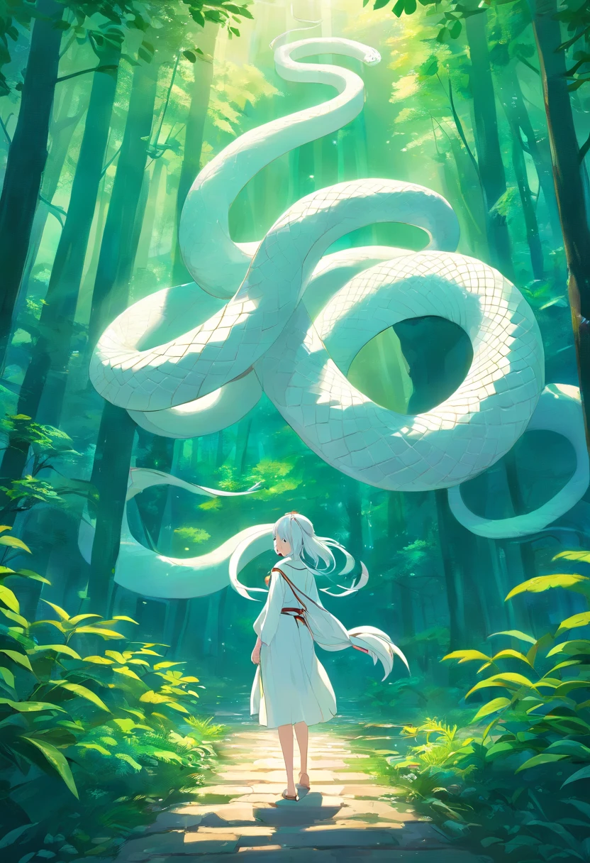 A large white snake slipped away,mystical aura, surreal atmosphere, Forest background,the night,(Chinese folk suspense, terroral, Supernatural comic book style), hyper qualit,hyper HD,4K