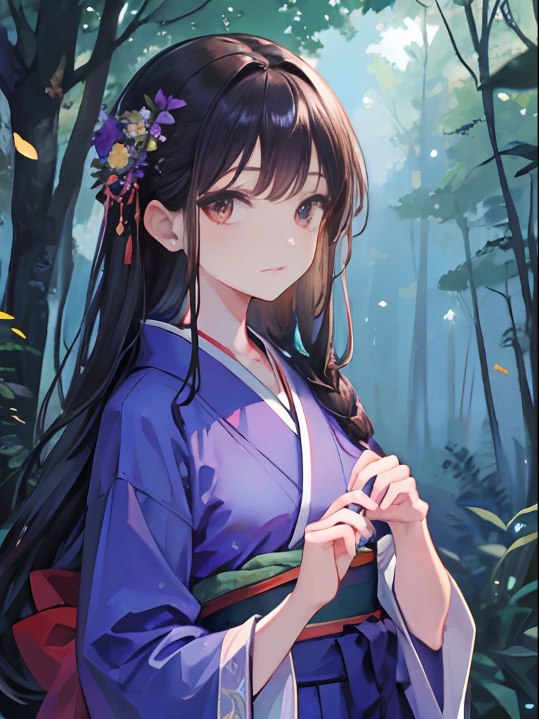 masterpiece, high quality, very detailed shading, perfect face, perfect hands, detailed background, young woman, adult woman, sparkling eyes, brown eyes, blue kimono, purple hakama, small breasts,forest, trees,flowers, complex background, butterflies, blue sky,long black hair, brown eyes