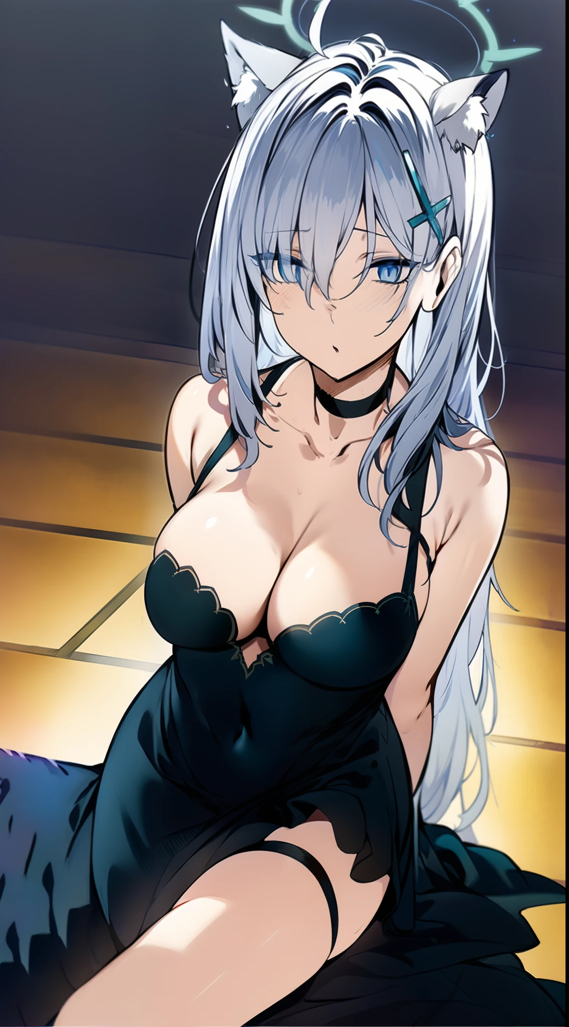 D, HD, Detailed details, Detailed landscapes, beautiful lights, Beautiful Shadows, top-quality, Highly detailed, masterpiece, best quality, solo, 1girl, animal ears, extra ears, Shiroko black, dress, cleavage, animal ear fluff, large breasts, looking at viewer, blue eyes, black choker, black dress, halo, grey hair, parted lips, long hair, collarbone, earrings, bangs, jewelry, hair ornament, hair between eyes, stud earrings, ahoge, jacket, cross hair ornament, anime-styled, expressionless, full body