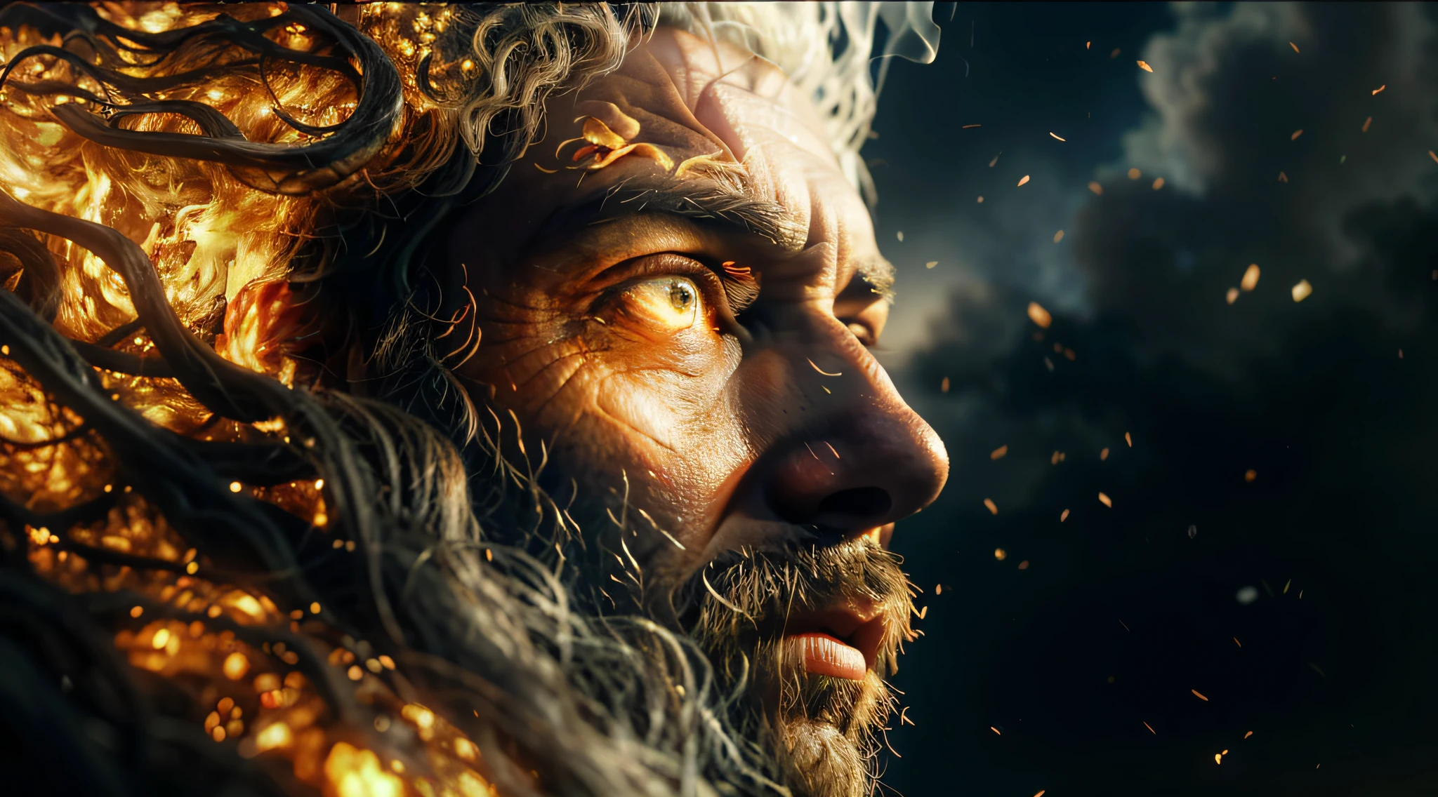 um close up de um homem com barba e barba com fogo no rosto, Arte digital altamente detalhada em 4k, CGSetivity UHD 4K altamente detalhado, Trending in ArtStation 4K, Grande arte digital com detalhes, 3d render trending on artstation, cinematic cgsociety, hiper-realismo. fantasia 4k, CGSetnation ), Efeitos visuais impressionantes