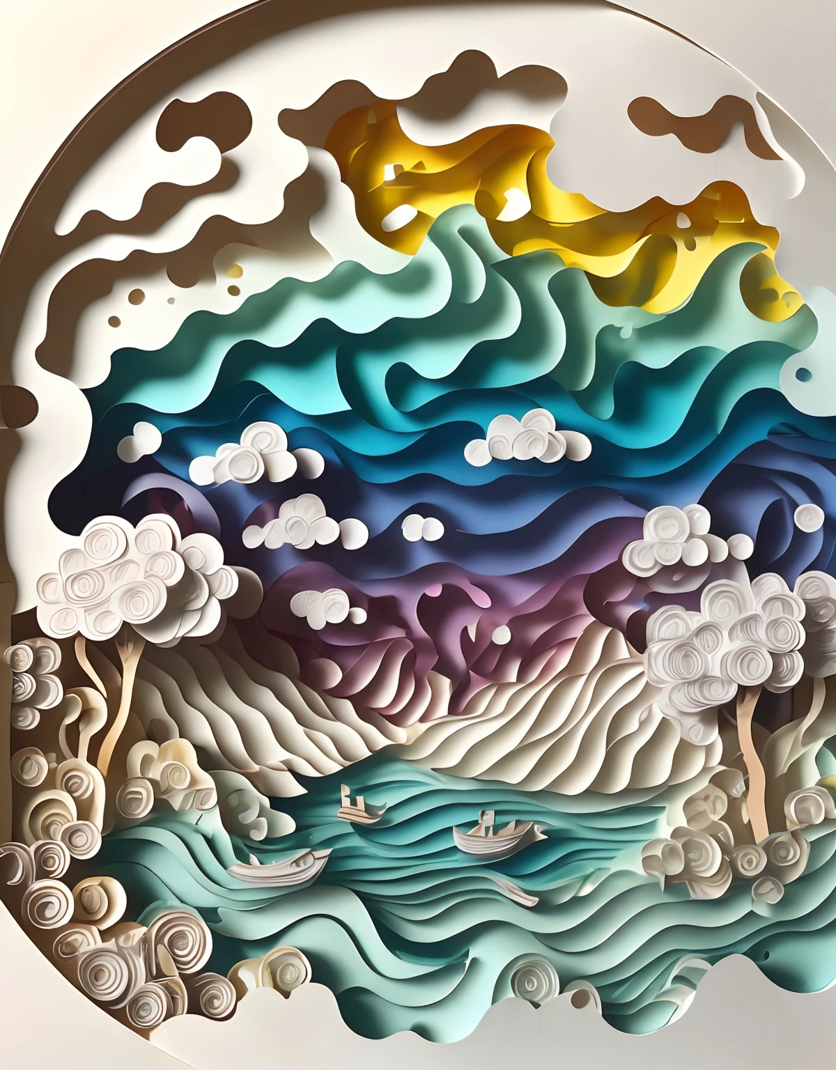 Close-up of many swans swimming in the water under the rainbow, (Best quality, Ultra-detailed, Realistic:1.37),Masterpiece、Mandelbrot shape;1.9、Three-dimensional paper cutting art、Extremely colorful:1.9,illustration:1.3，paper art:1.3, Quilted paper art:1.2,ultra-wide-angle,((Multidimensional paper art,Paper illustration,Three-dimensional paper cutting,3D relief))