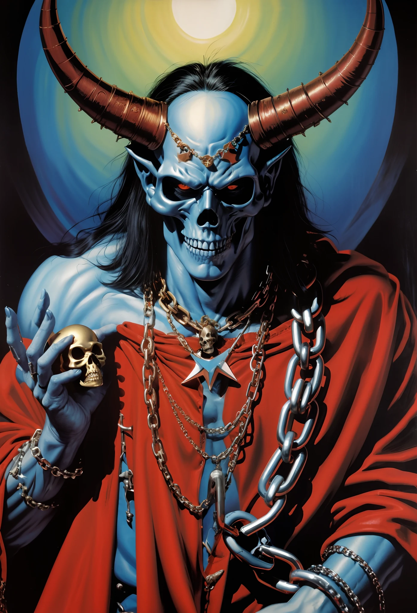 Painting of a demon with a chain around his neck and a skull on his shoulder, Directed by: Joe Jusko, Deus masculino bonito da morte, Directed by: Jason Edmiston, 1 9 8 0's heavy metal album art, Retrato do Deus da Morte, Deus da morte, Retrato de um Deus da Morte, d & d lich, Directed by: Clyde Caldwell